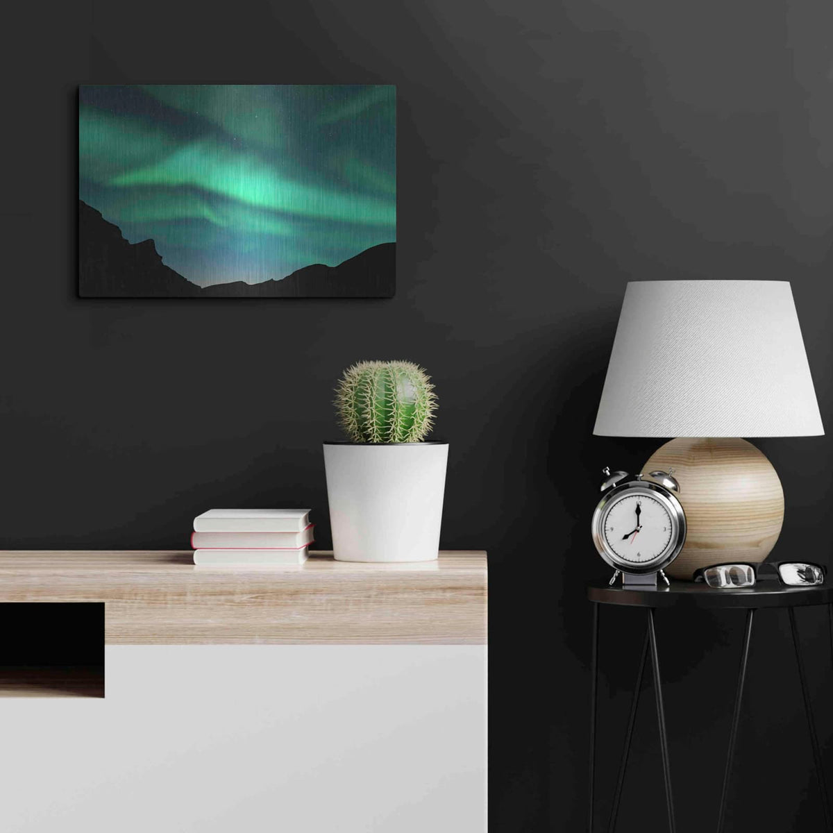 'Northern Lights In Winter Mountains' by Luxe Metal Portfolio – Metal Wall Art, 24x16 room view