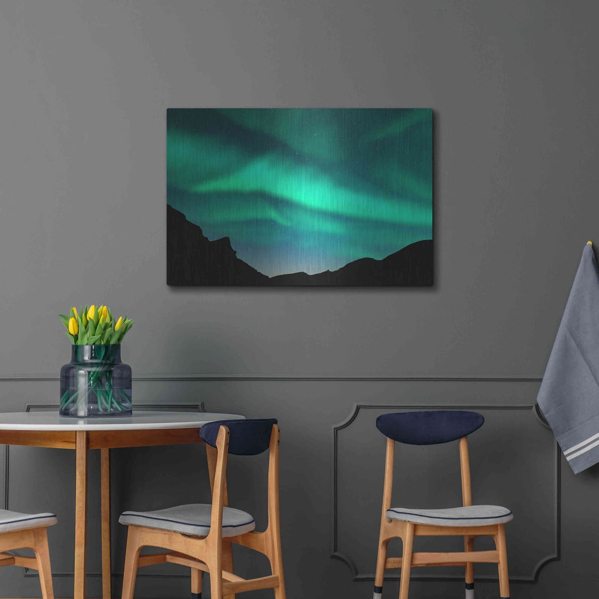 'Northern Lights In Winter Mountains' by Luxe Metal Portfolio – Metal Wall Art, 36x24 room view