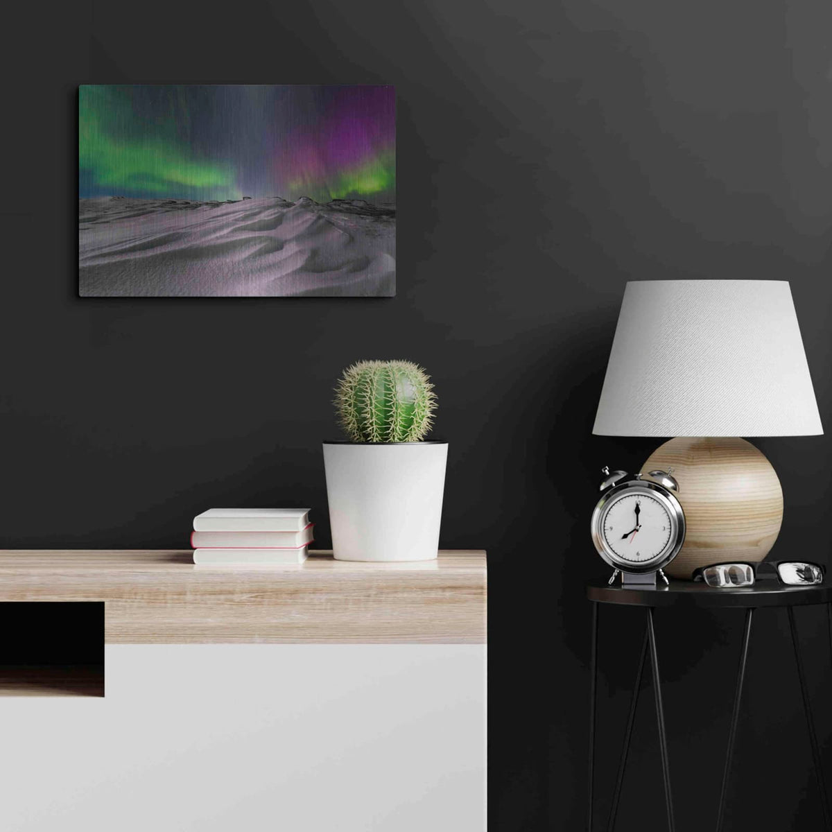 'Northern Lights On The Arctic Ocean Shore 1' by Luxe Metal Portfolio – Metal Wall Art, 24x16 room view