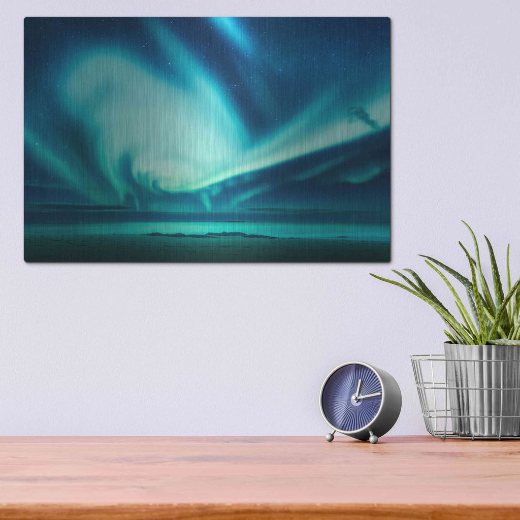 'Polar Lights Above The Sea Green Northern Lights' by Luxe Metal Portfolio – Metal Wall Art, 16x12 room view