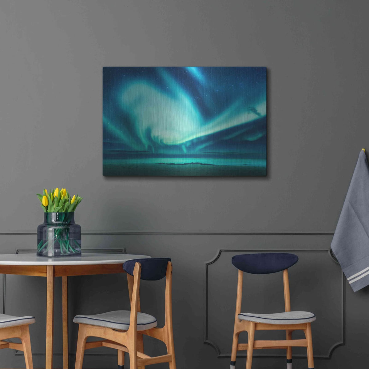 'Polar Lights Above The Sea Green Northern Lights' by Luxe Metal Portfolio – Metal Wall Art, 36x24 room view
