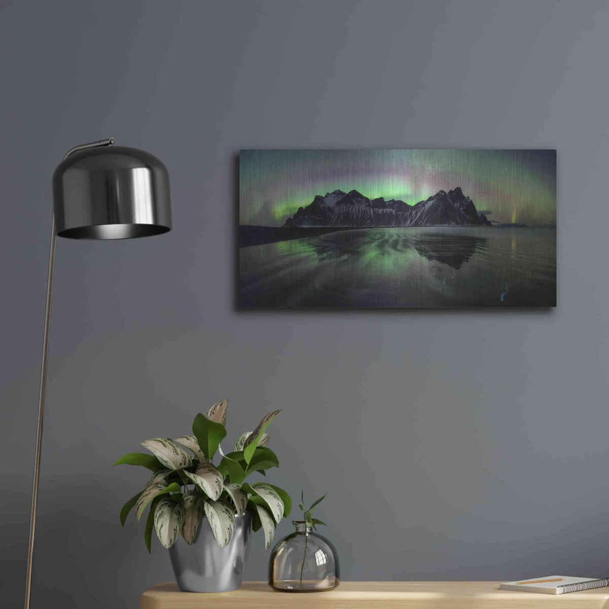 'Water And Mountain During Northern Lights' by Luxe Metal Portfolio – Metal Wall Art, 24x12 room view