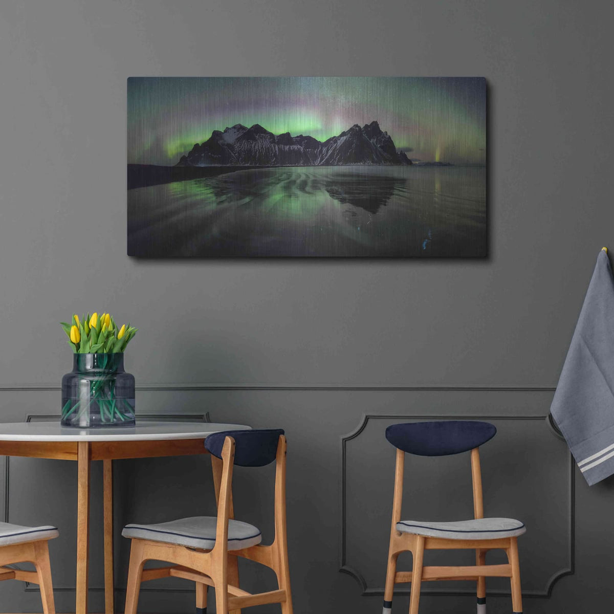 'Water And Mountain During Northern Lights' by Luxe Metal Portfolio – Metal Wall Art, 48x24 room view