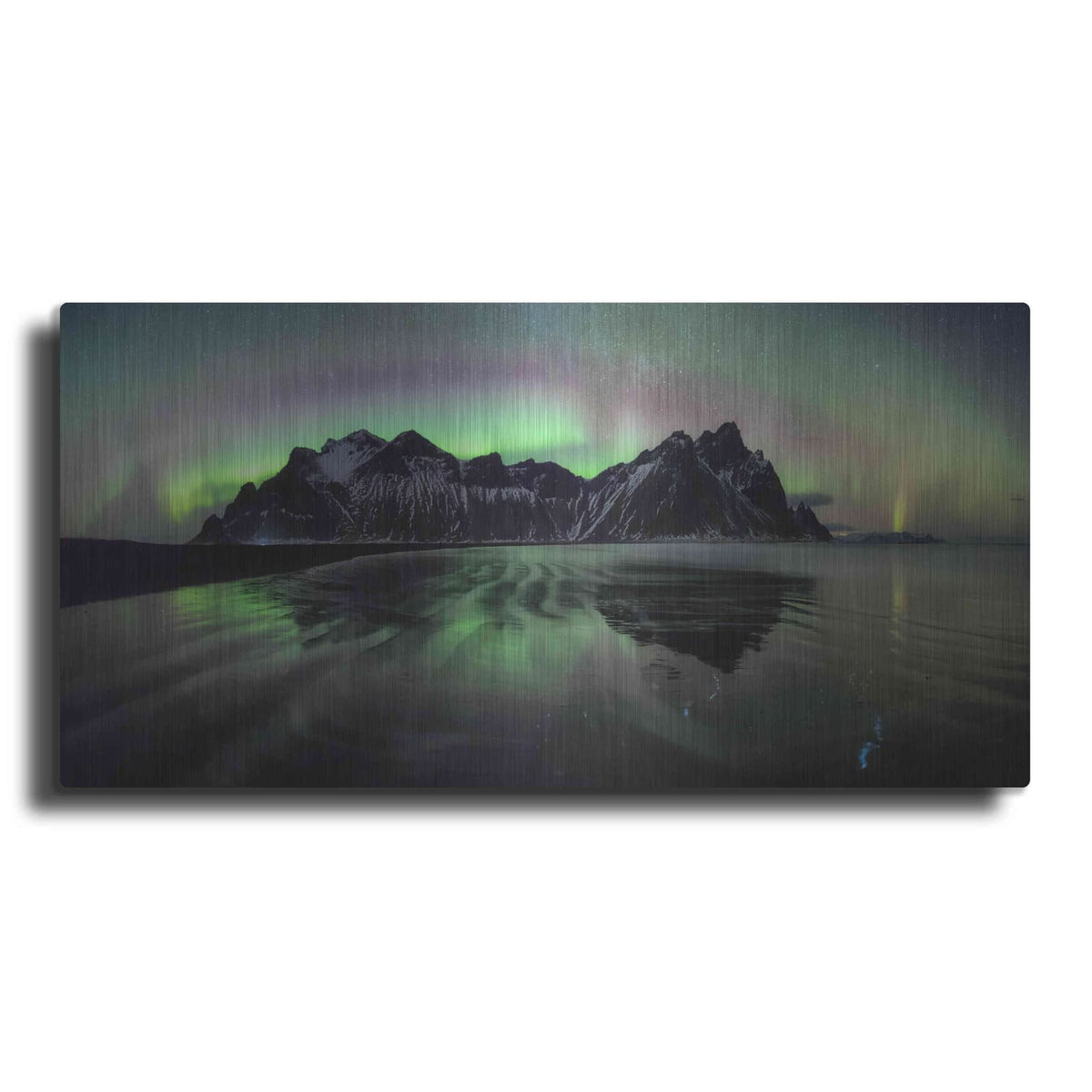 'Water And Mountain During Northern Lights' by Luxe Metal Portfolio – Metal Wall Art