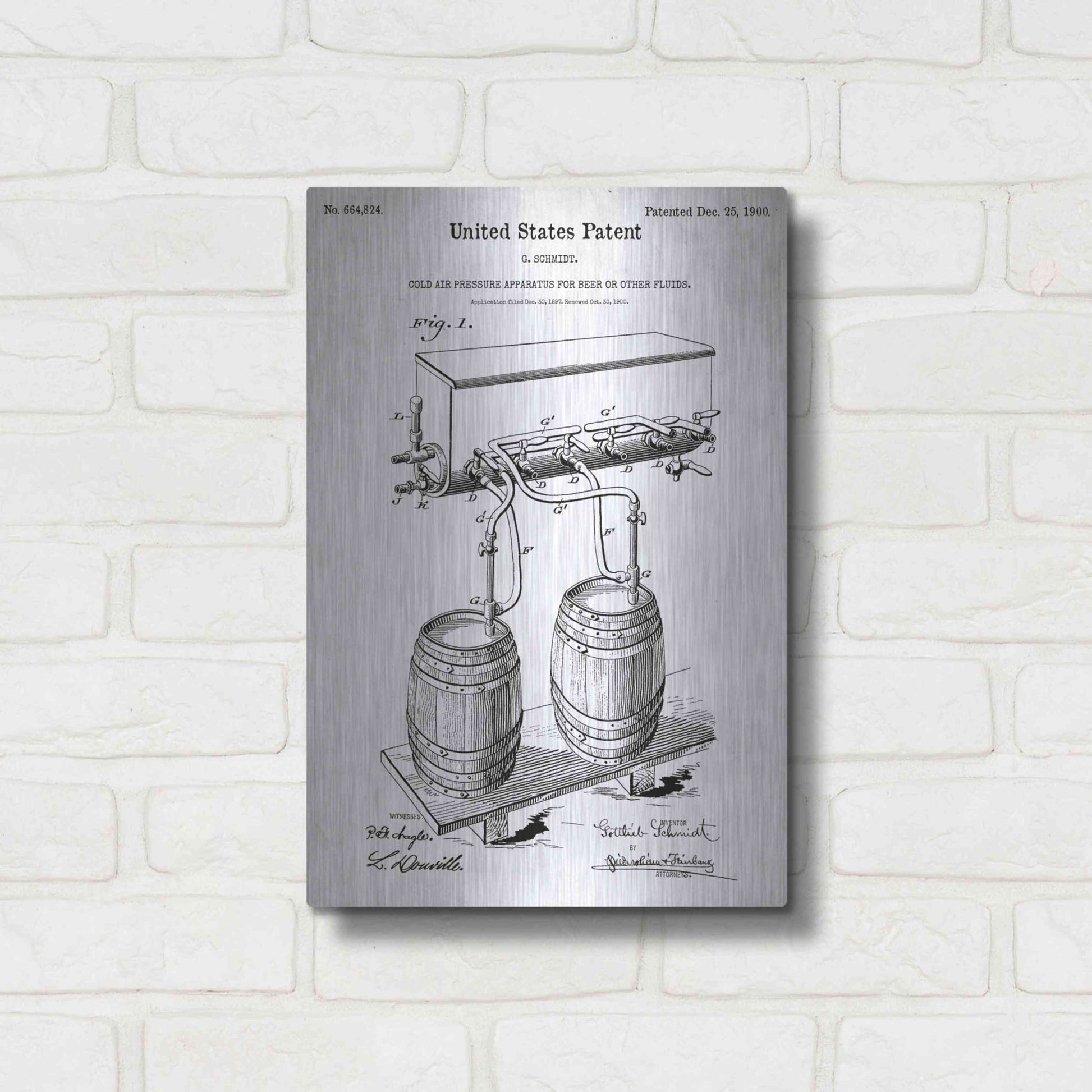 Luxe Metal Art 'Beer Barrel Vintage Blueprint Patent White' Metal Wall Art,12x16