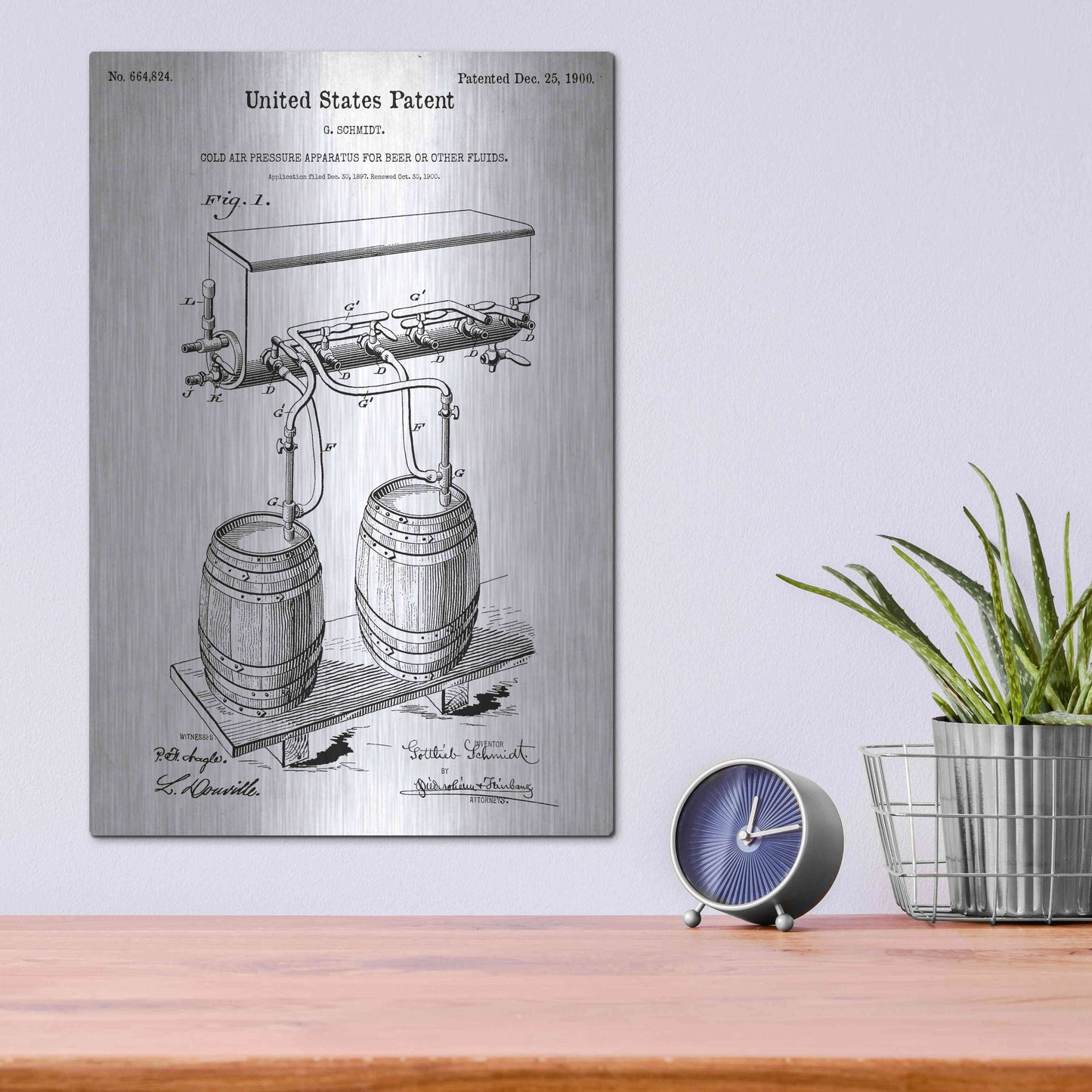 Luxe Metal Art 'Beer Barrel Vintage Blueprint Patent White' Metal Wall Art,12x16