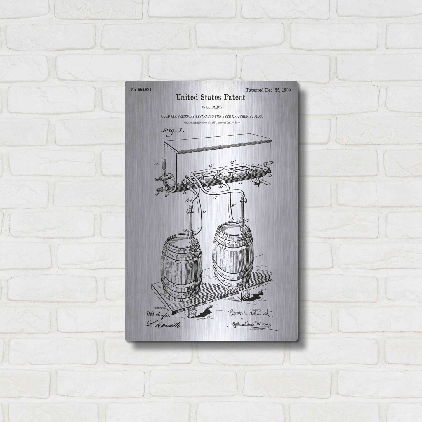 Luxe Metal Art 'Beer Barrel Vintage Blueprint Patent White' Metal Wall Art,16x24