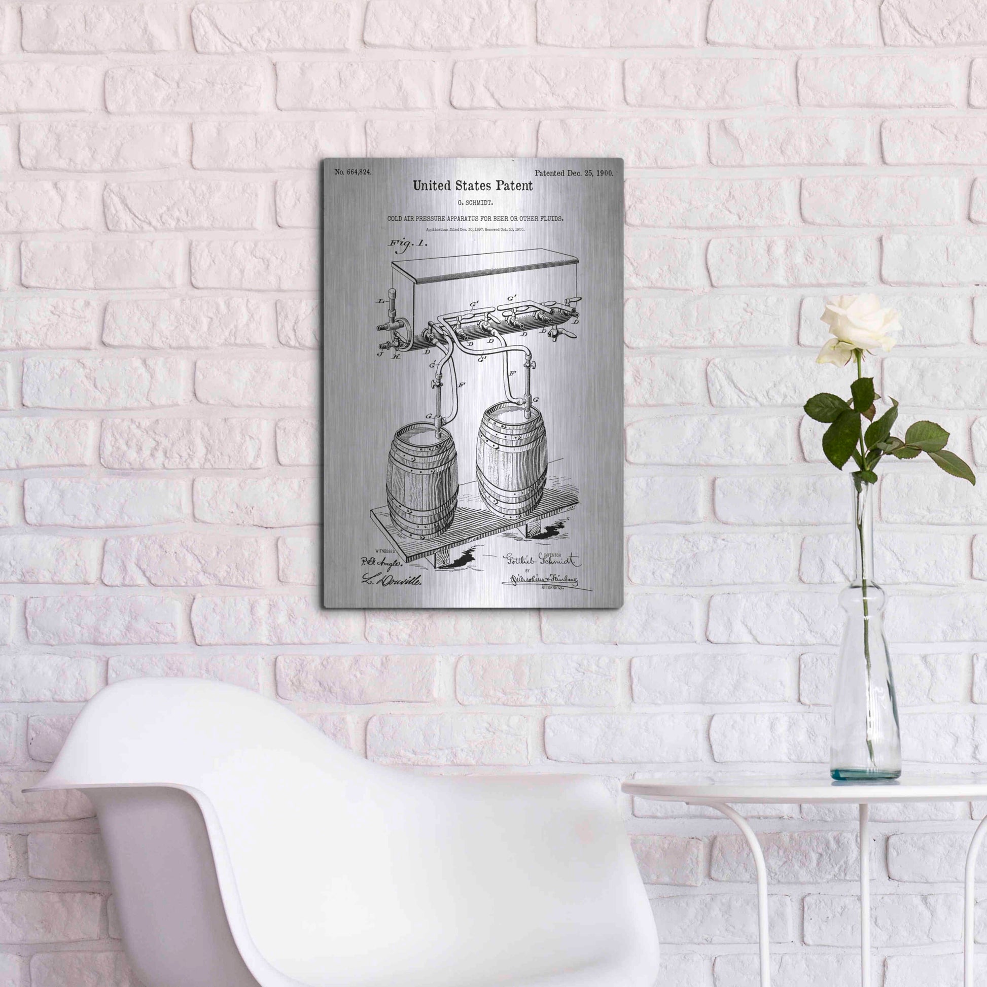 Luxe Metal Art 'Beer Barrel Vintage Blueprint Patent White' Metal Wall Art,16x24