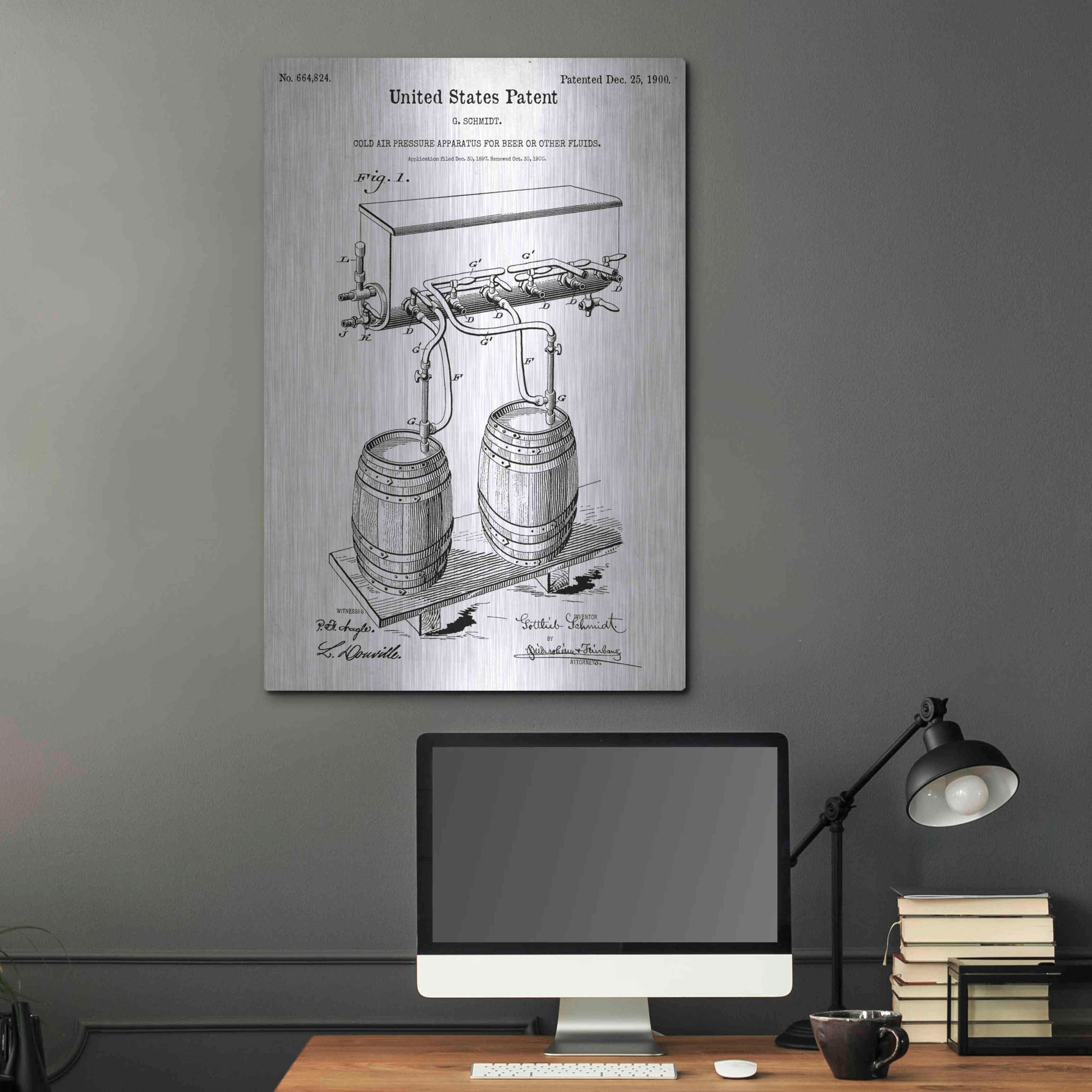 Luxe Metal Art 'Beer Barrel Vintage Blueprint Patent White' Metal Wall Art,24x36