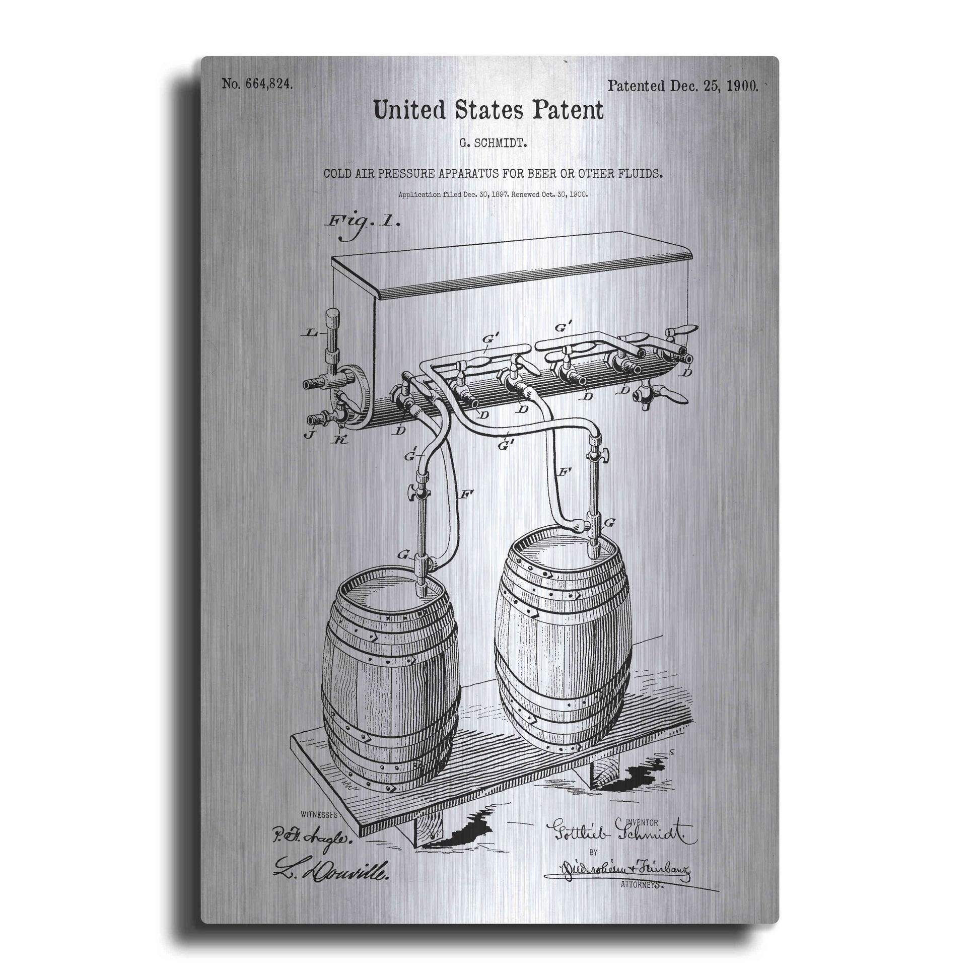 Luxe Metal Art 'Beer Barrel Vintage Blueprint Patent White' Metal Wall Art