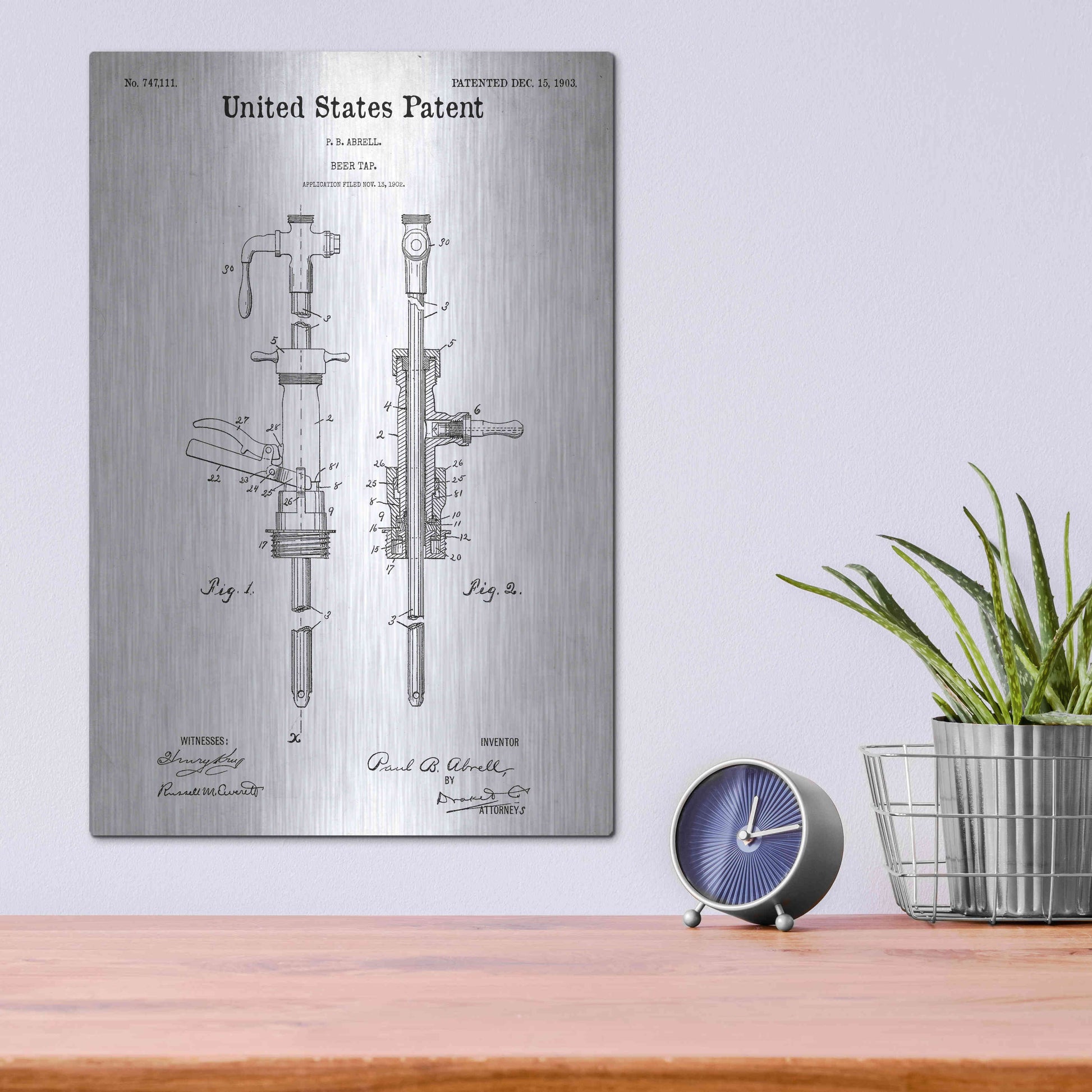 Luxe Metal Art 'Beer Tab Vintage Blueprint Patent White' Metal Wall Art,12x16