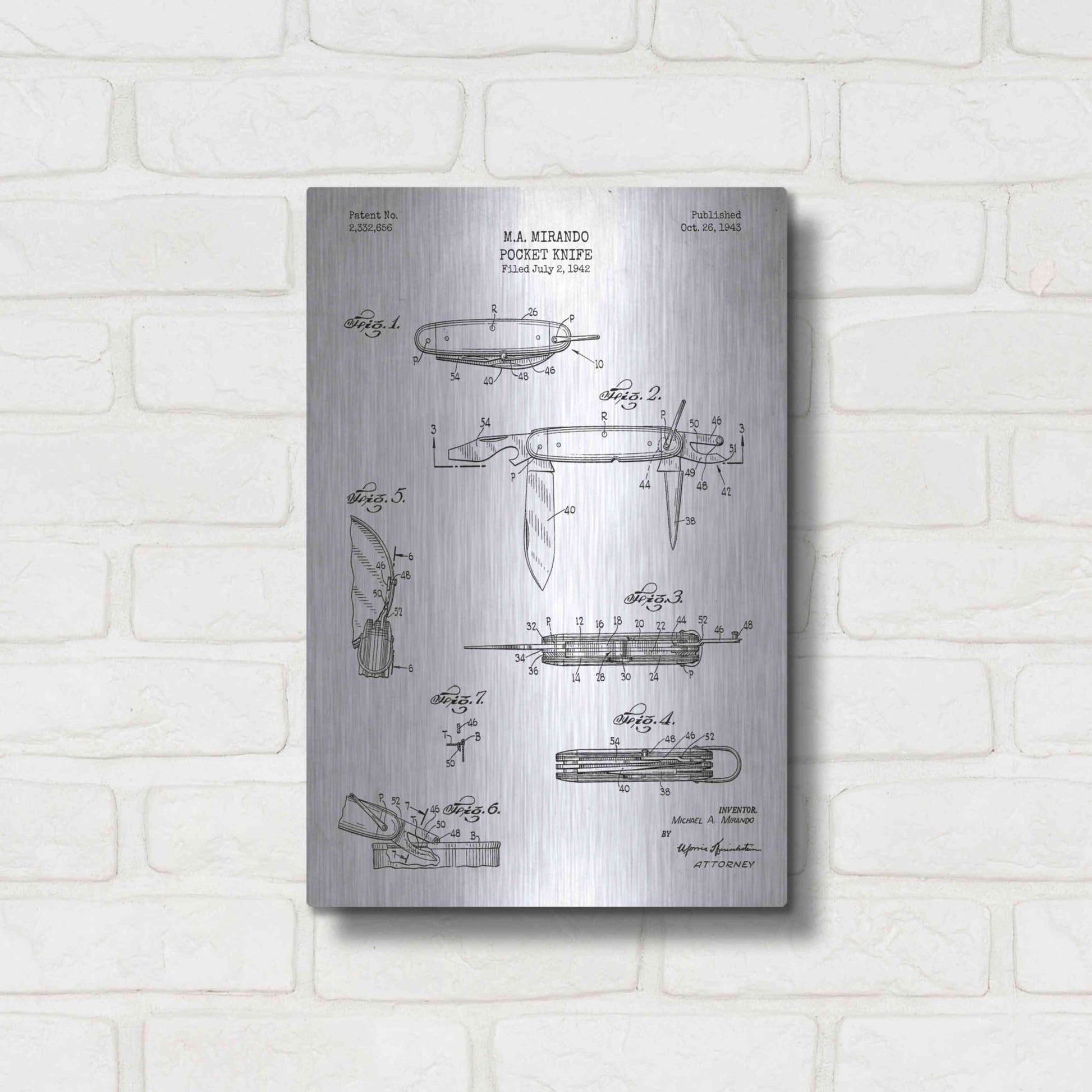 Luxe Metal Art 'Pocket Knife Blueprint Patent White' Metal Wall Art,12x16