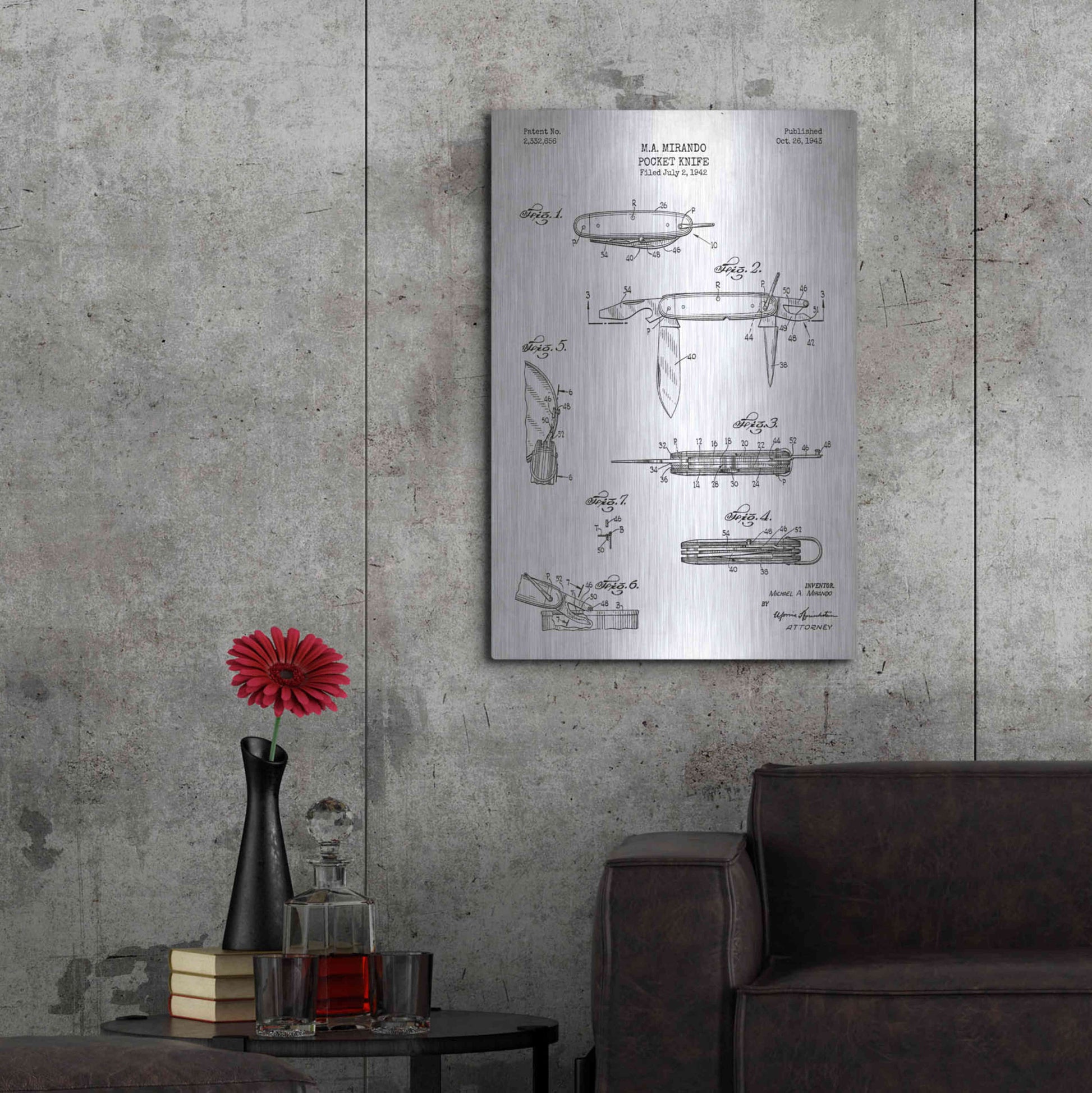 Luxe Metal Art 'Pocket Knife Blueprint Patent White' Metal Wall Art,24x36