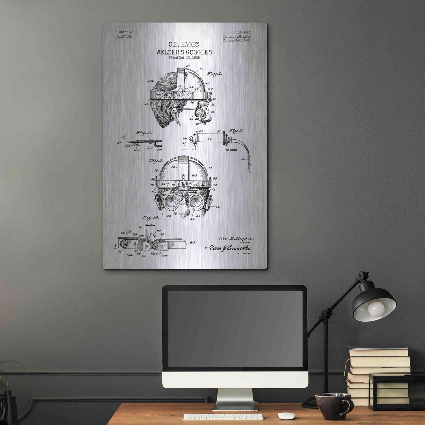 Luxe Metal Art 'Welding Goggles Blueprint Patent White' Metal Wall Art,24x36