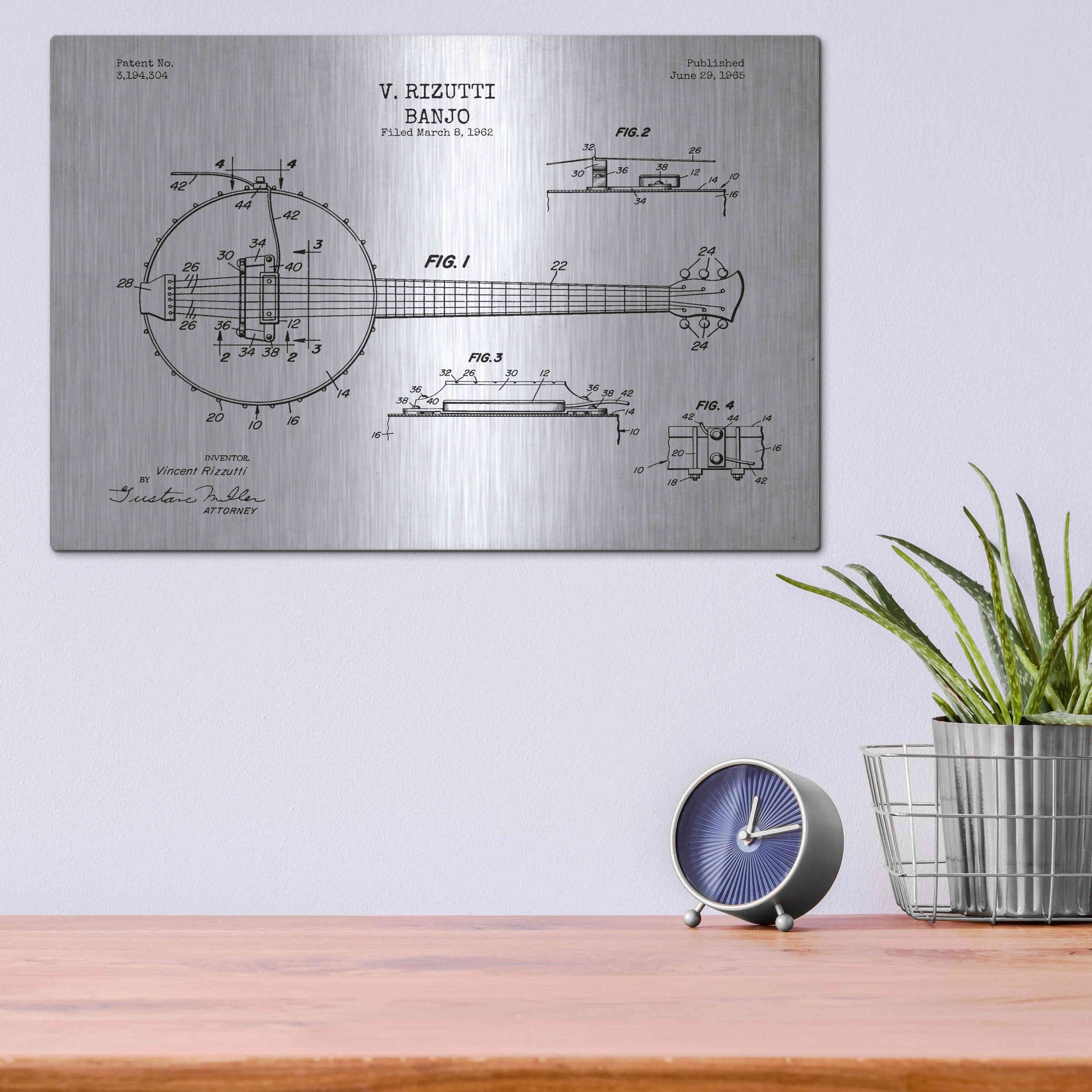 Luxe Metal Art 'Banjo Blueprint Patent White' Metal Wall Art,16x12