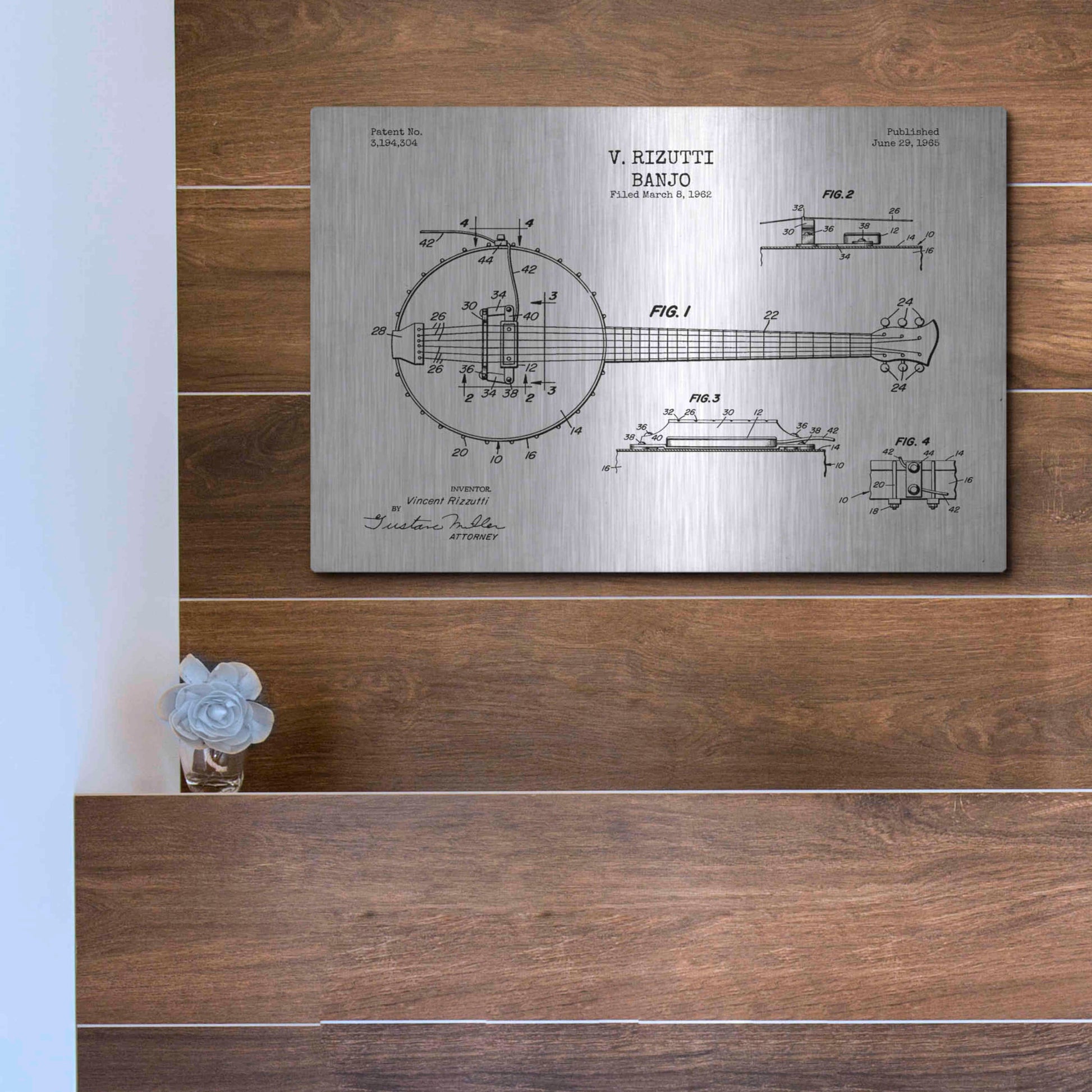 Luxe Metal Art 'Banjo Blueprint Patent White' Metal Wall Art,16x12