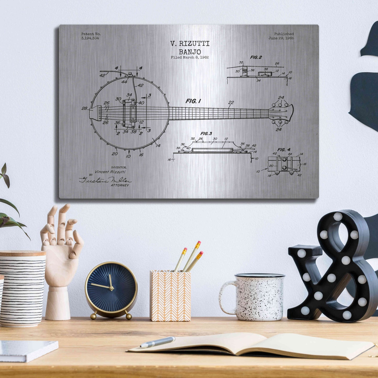 Luxe Metal Art 'Banjo Blueprint Patent White' Metal Wall Art,16x12