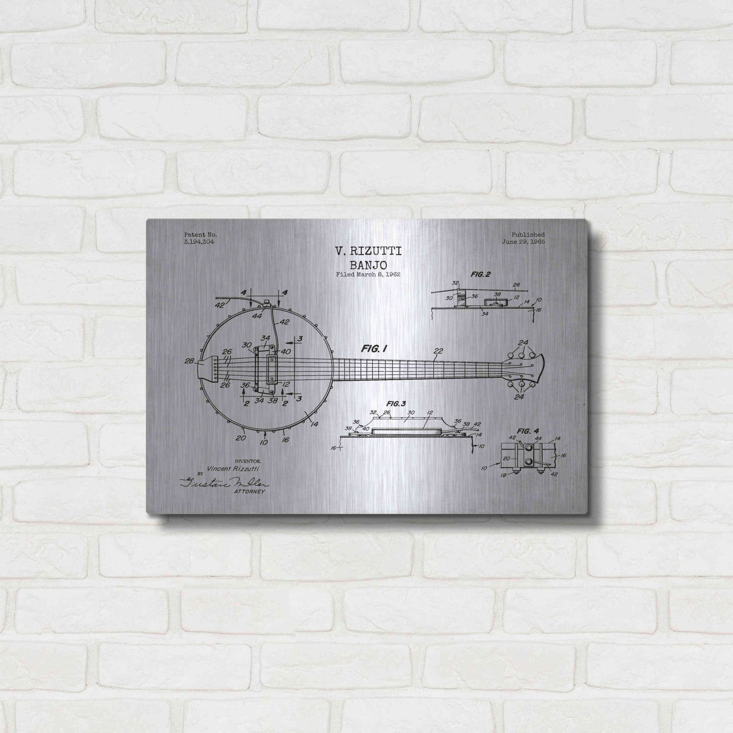 Luxe Metal Art 'Banjo Blueprint Patent White' Metal Wall Art,24x16