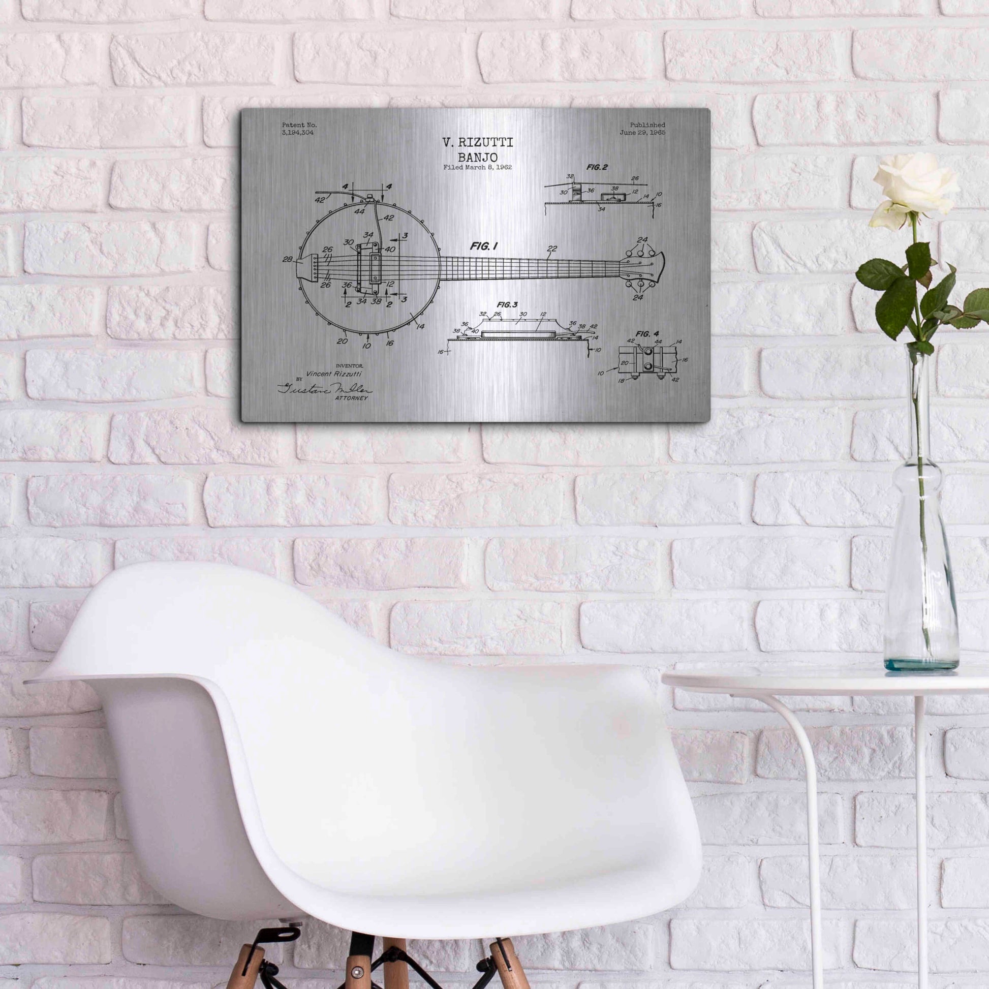 Luxe Metal Art 'Banjo Blueprint Patent White' Metal Wall Art,24x16