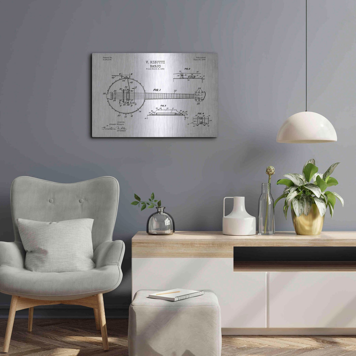 Luxe Metal Art 'Banjo Blueprint Patent White' Metal Wall Art,24x16