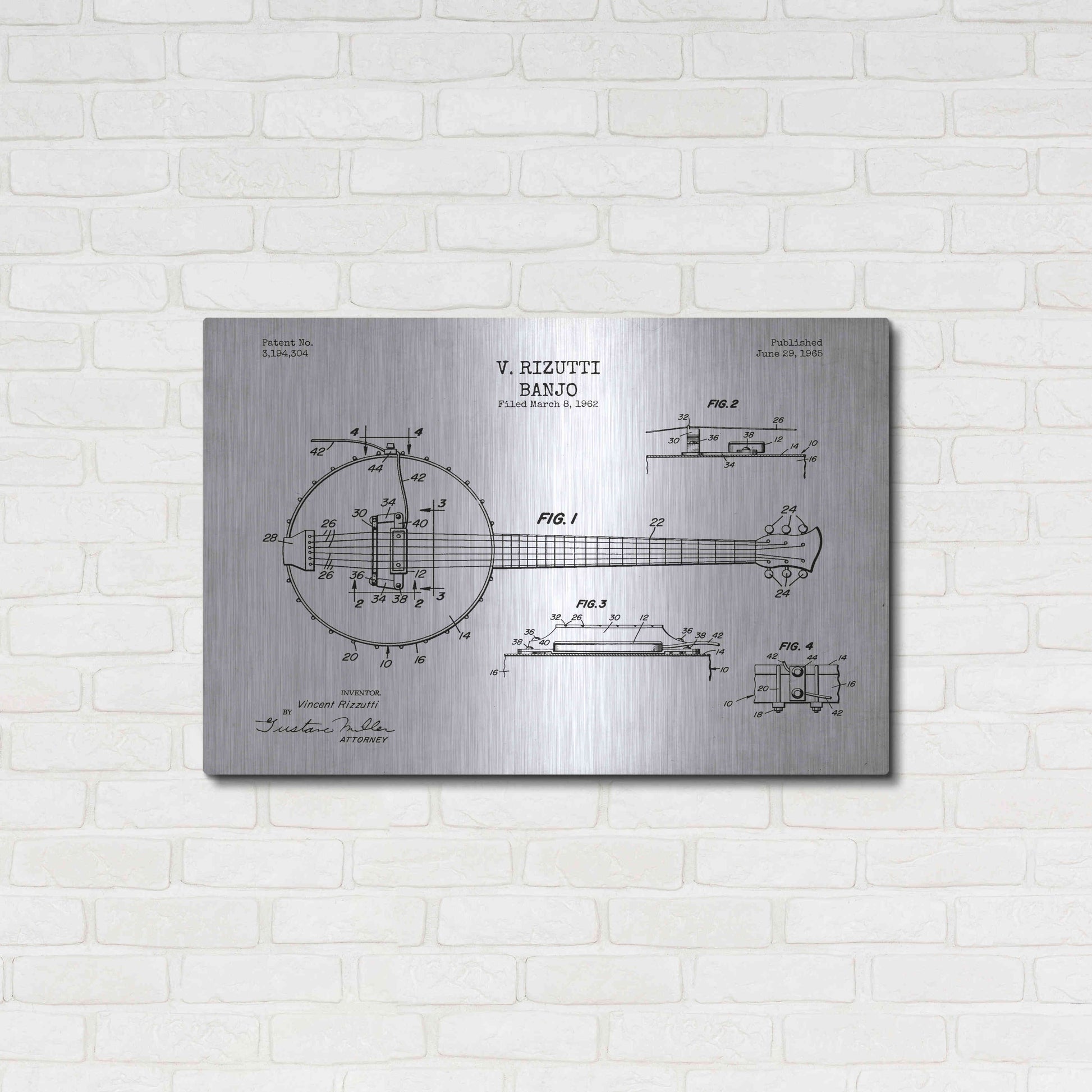 Luxe Metal Art 'Banjo Blueprint Patent White' Metal Wall Art,36x24