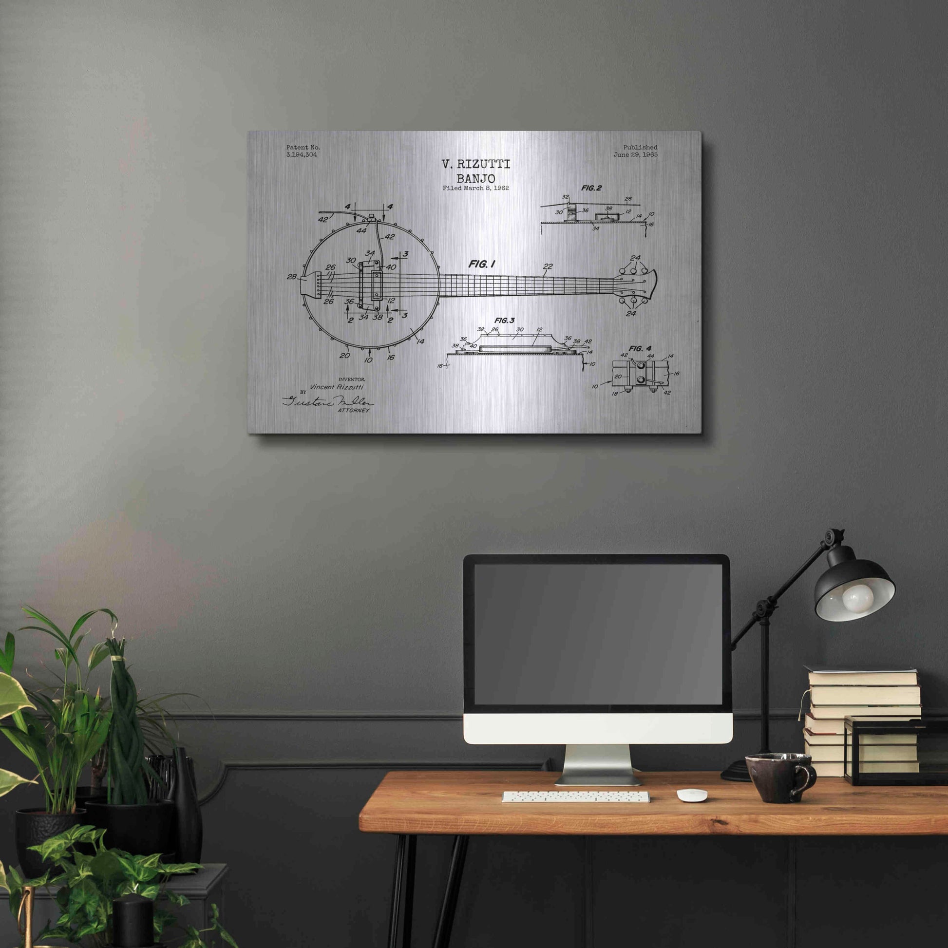 Luxe Metal Art 'Banjo Blueprint Patent White' Metal Wall Art,36x24