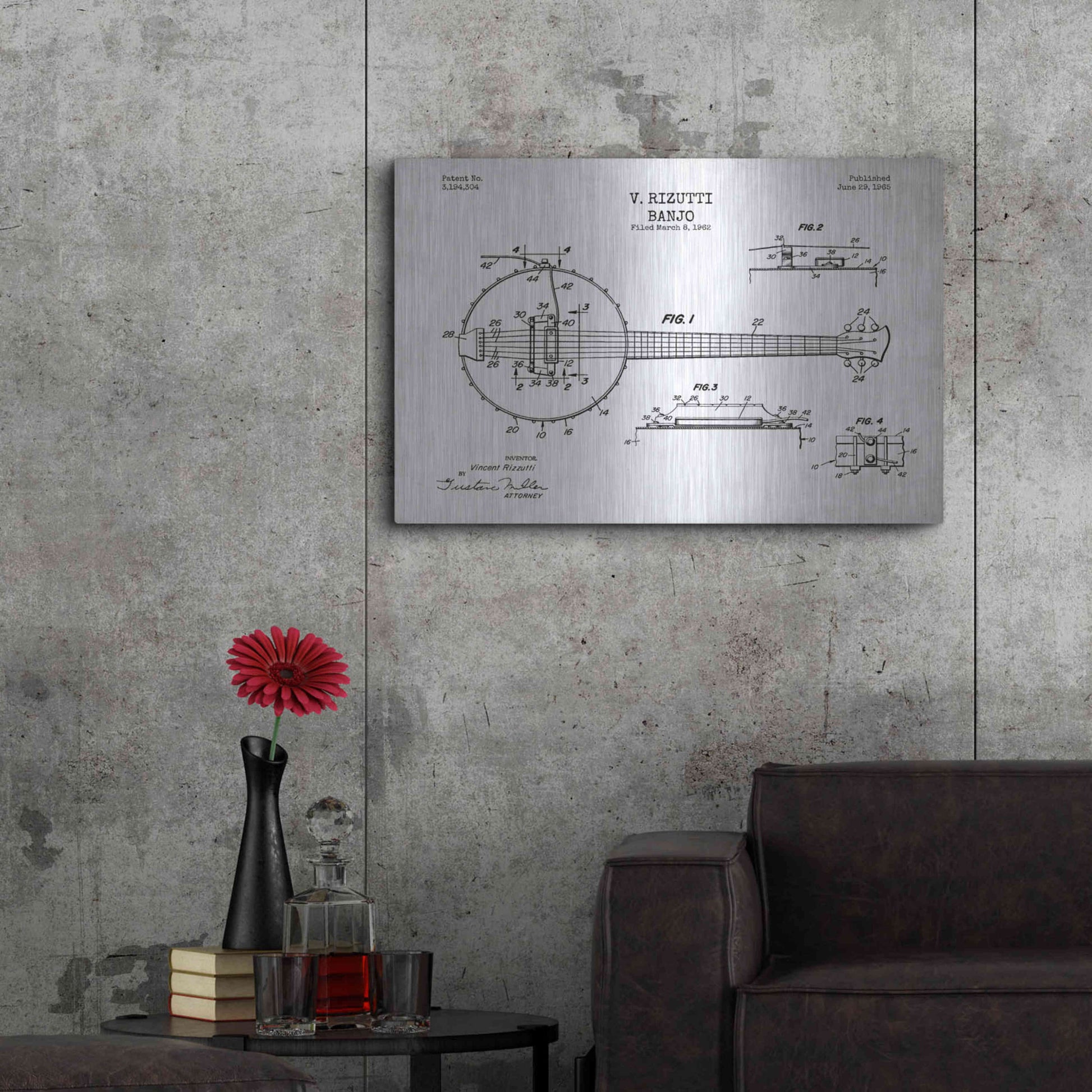 Luxe Metal Art 'Banjo Blueprint Patent White' Metal Wall Art,36x24