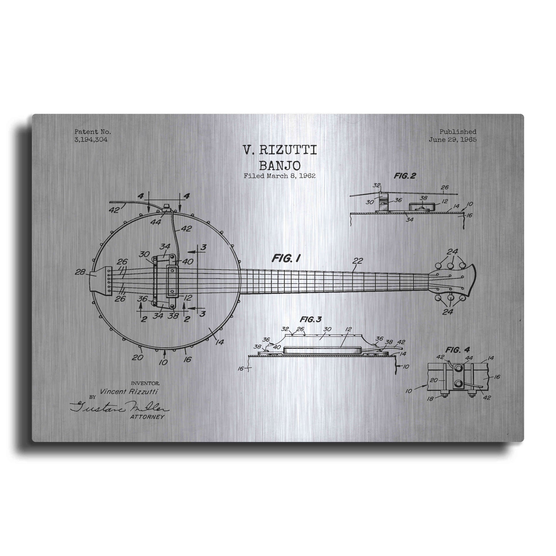 Luxe Metal Art 'Banjo Blueprint Patent White' Metal Wall Art