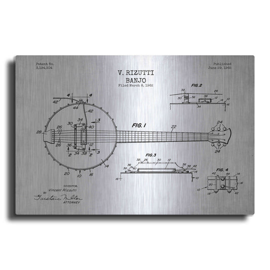 Luxe Metal Art 'Banjo Blueprint Patent White' Metal Wall Art