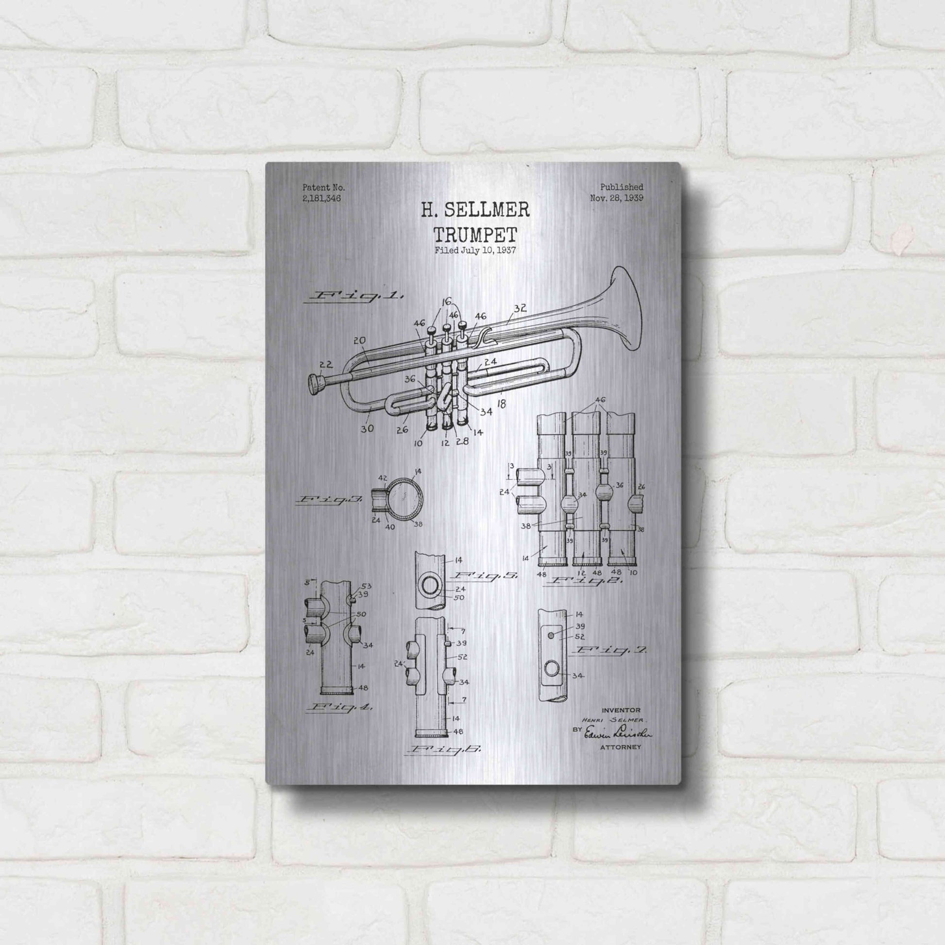 Luxe Metal Art 'Trumpet Blueprint Patent White' Metal Wall Art,12x16