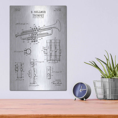 Luxe Metal Art 'Trumpet Blueprint Patent White' Metal Wall Art,12x16