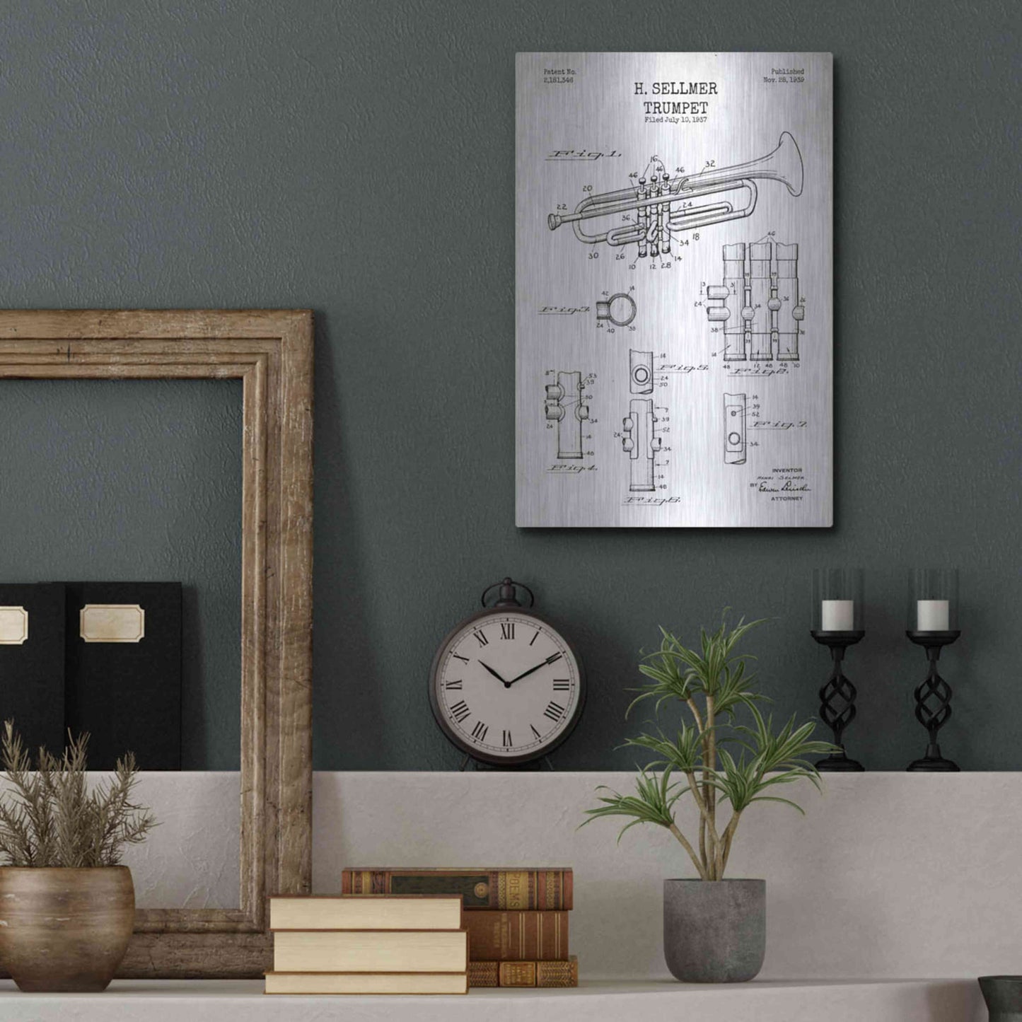 Luxe Metal Art 'Trumpet Blueprint Patent White' Metal Wall Art,12x16