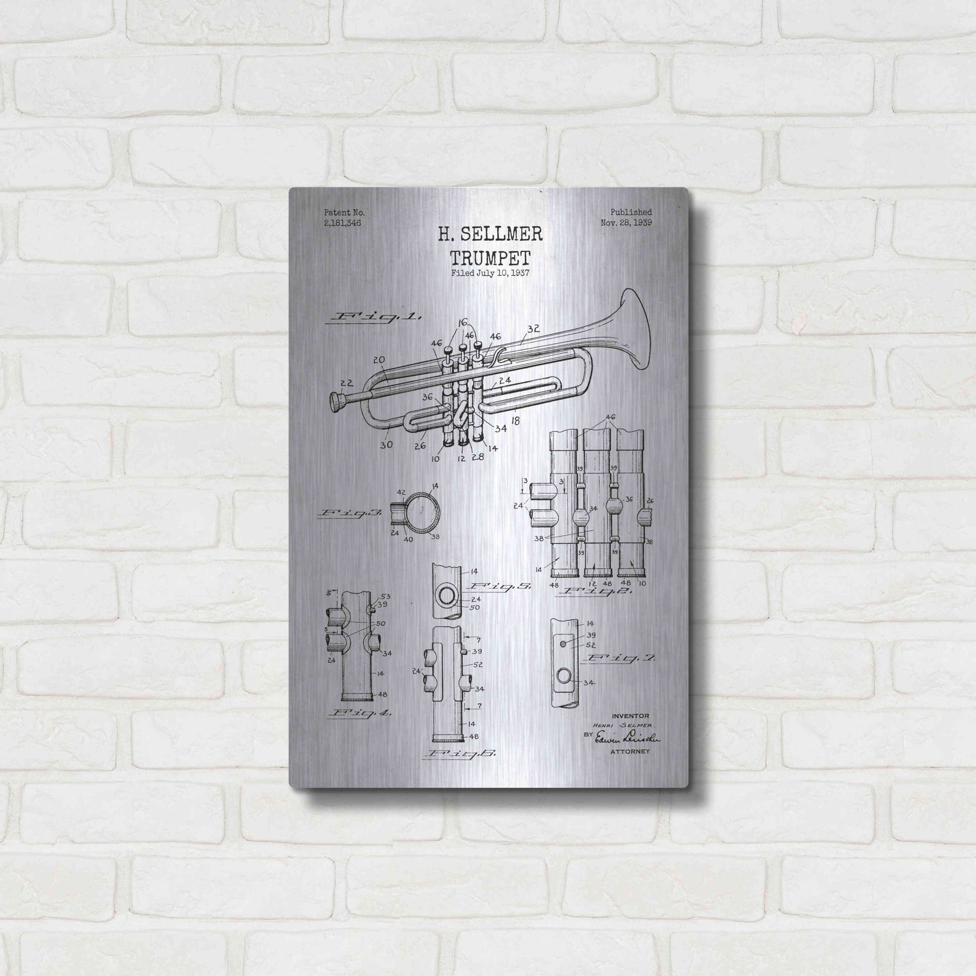 Luxe Metal Art 'Trumpet Blueprint Patent White' Metal Wall Art,16x24