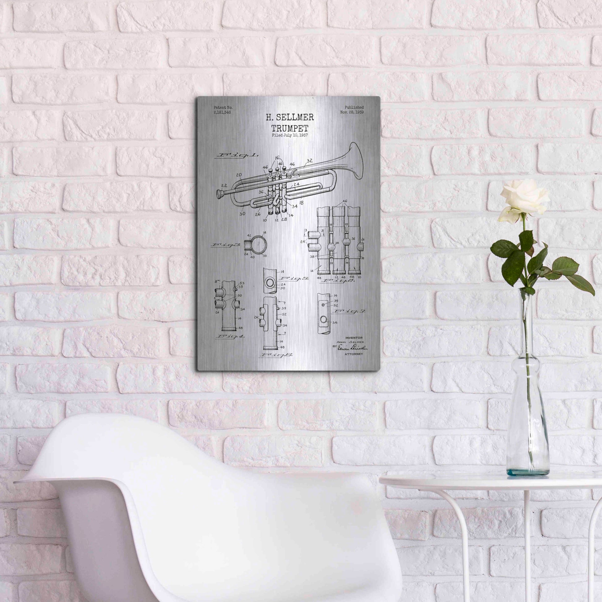 Luxe Metal Art 'Trumpet Blueprint Patent White' Metal Wall Art,16x24