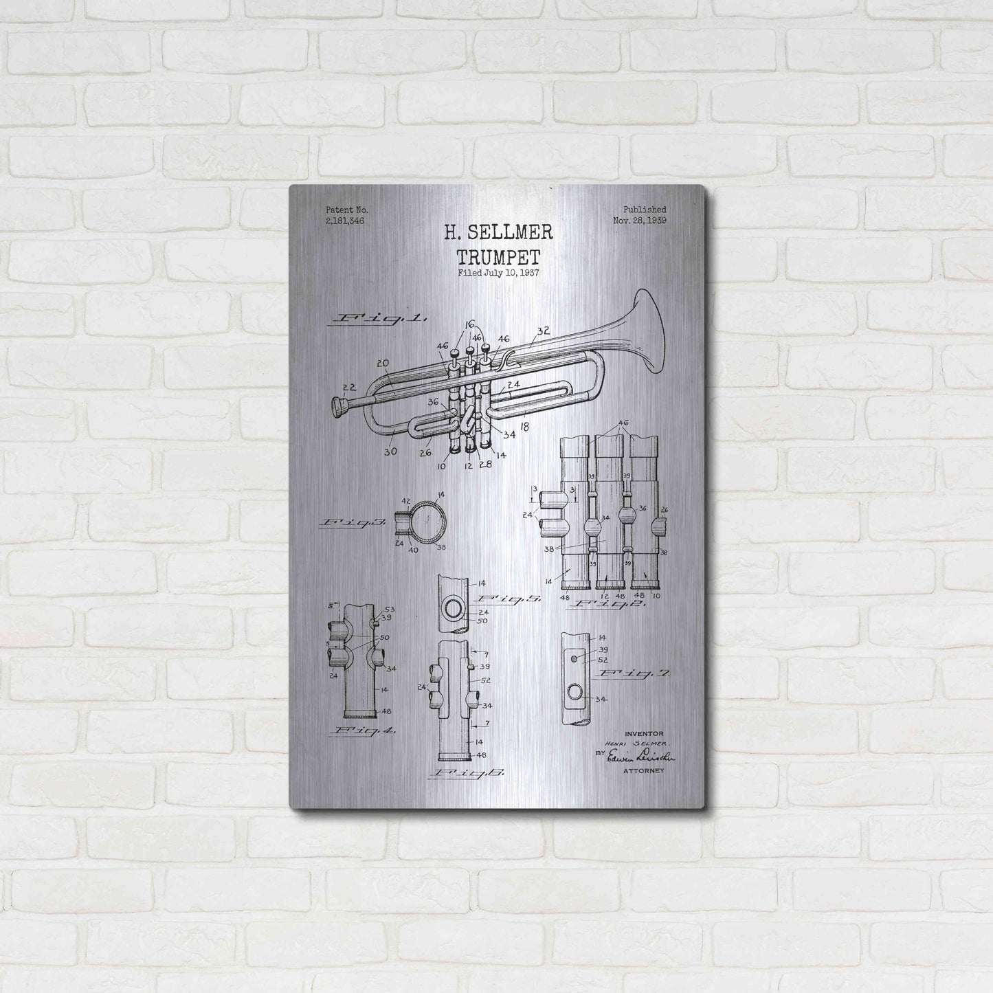 Luxe Metal Art 'Trumpet Blueprint Patent White' Metal Wall Art,24x36