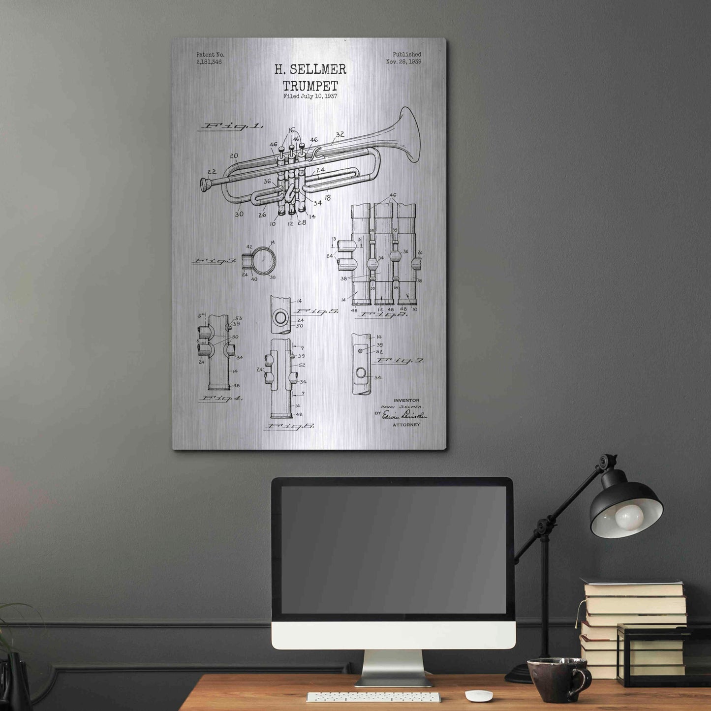 Luxe Metal Art 'Trumpet Blueprint Patent White' Metal Wall Art,24x36