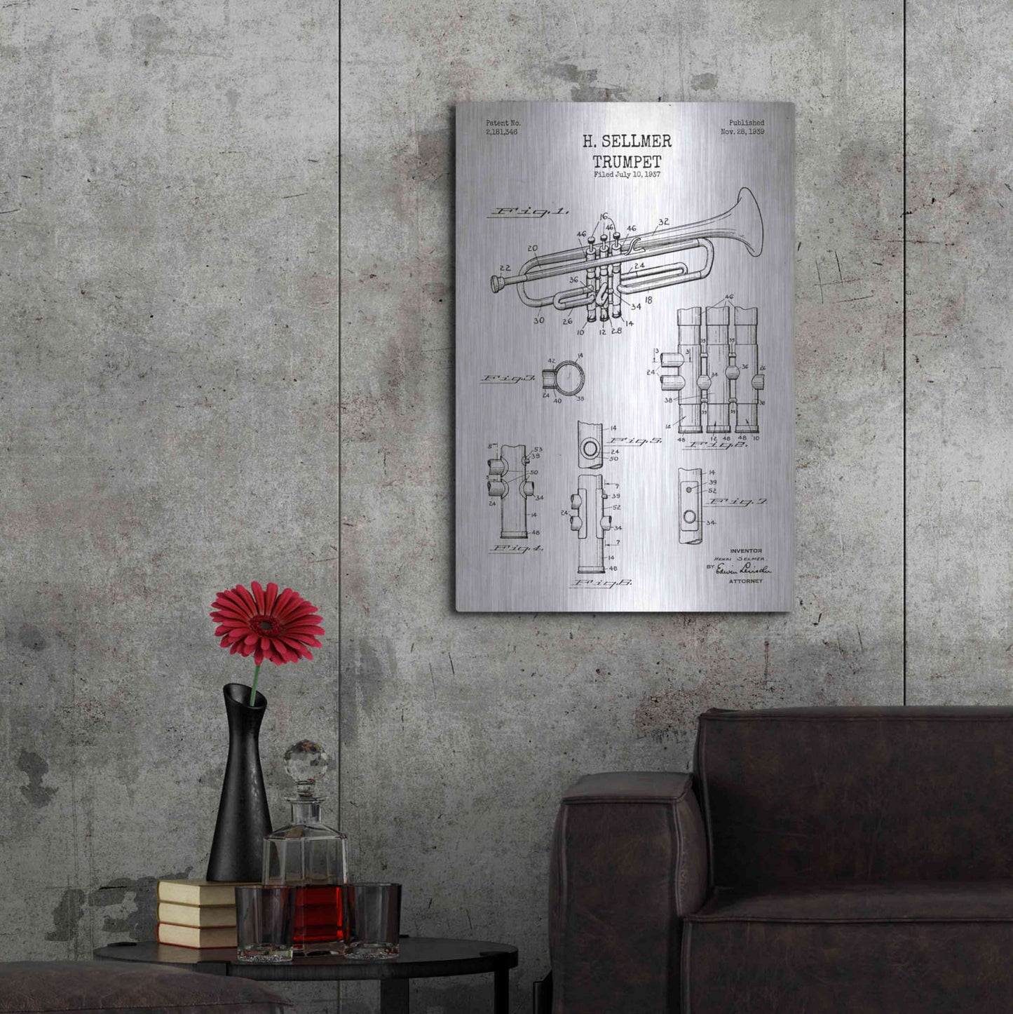 Luxe Metal Art 'Trumpet Blueprint Patent White' Metal Wall Art,24x36