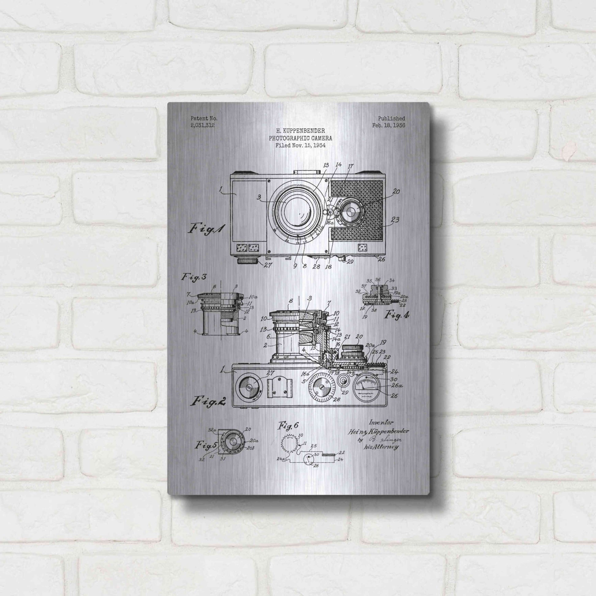 Luxe Metal Art 'Camera, 1936 Blueprint Patent White' Metal Wall Art,12x16