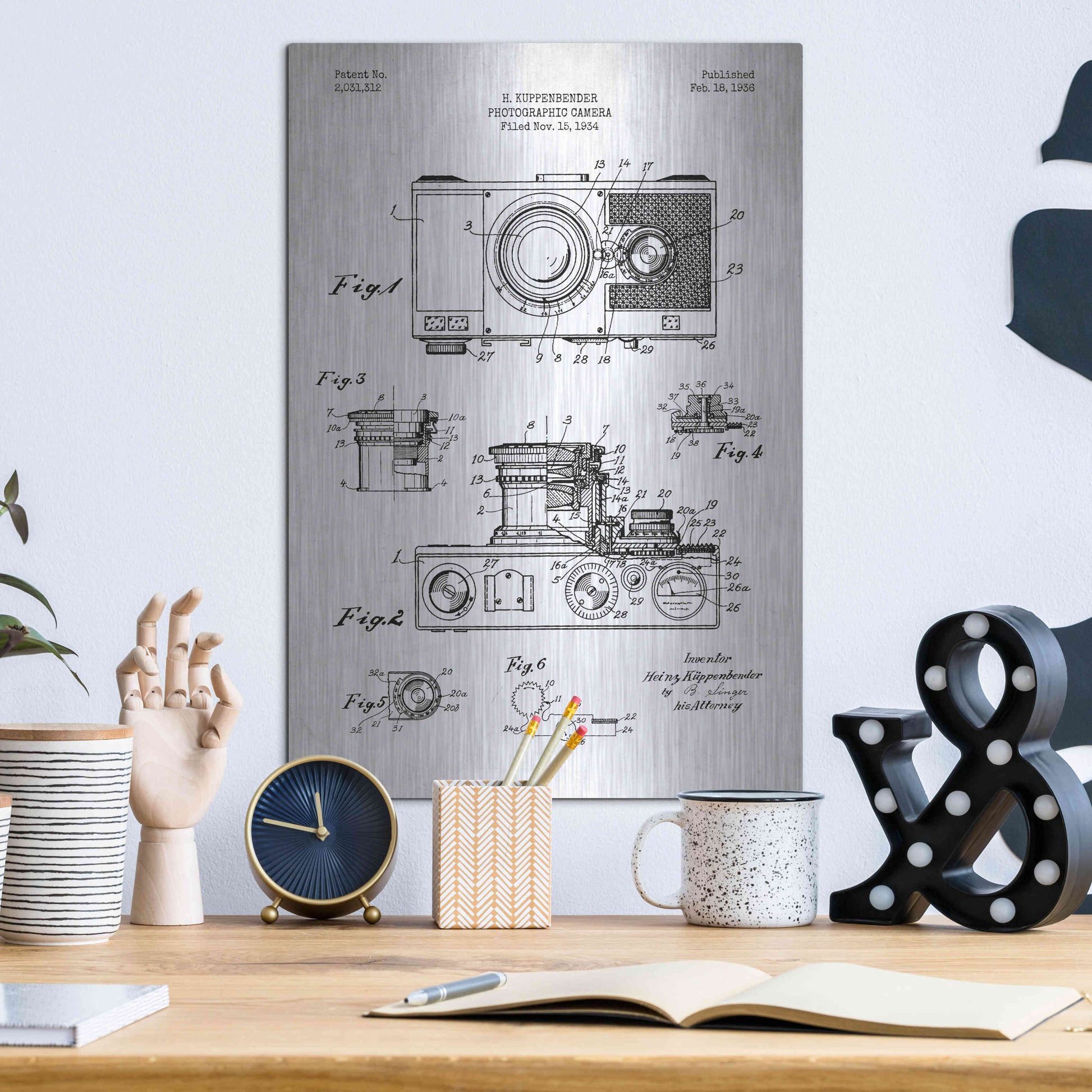 Luxe Metal Art 'Camera, 1936 Blueprint Patent White' Metal Wall Art,12x16