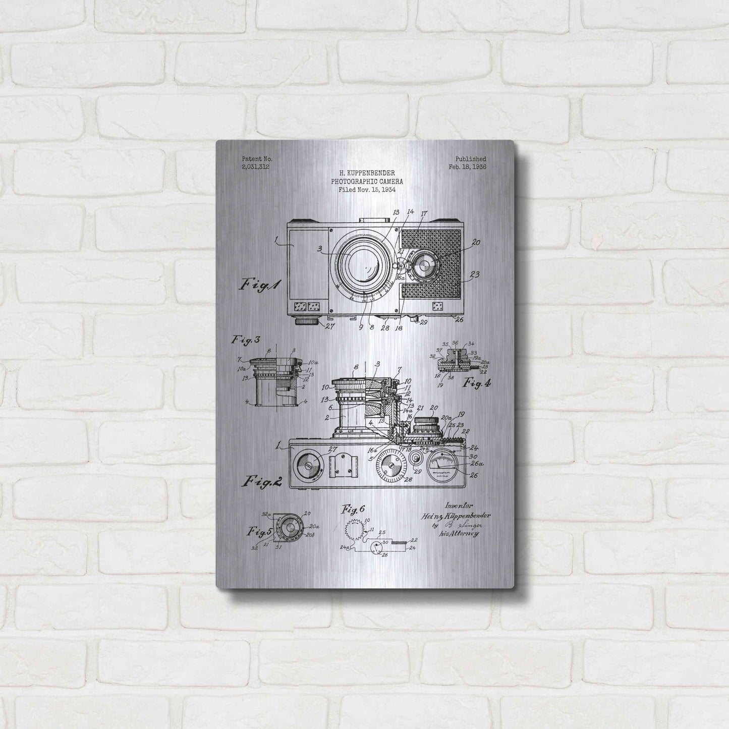 Luxe Metal Art 'Camera, 1936 Blueprint Patent White' Metal Wall Art,16x24