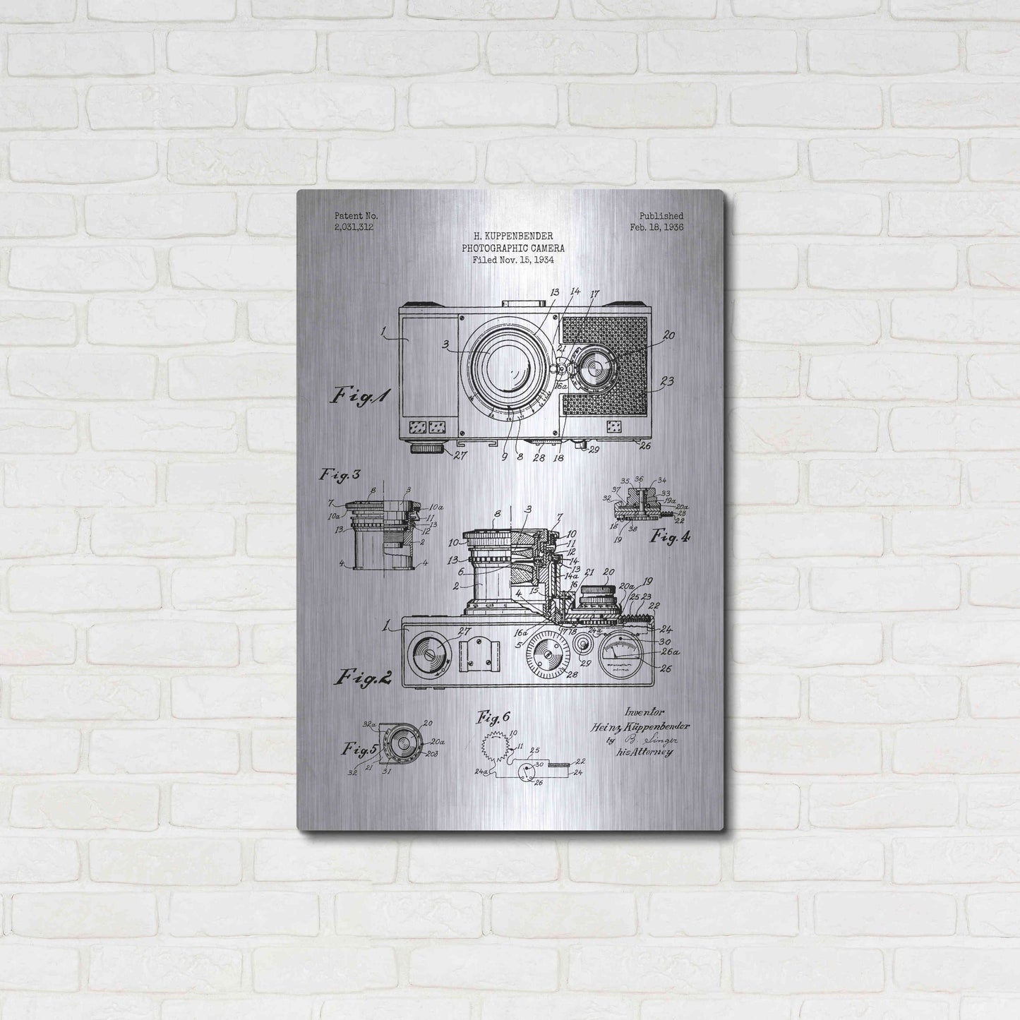 Luxe Metal Art 'Camera, 1936 Blueprint Patent White' Metal Wall Art,24x36