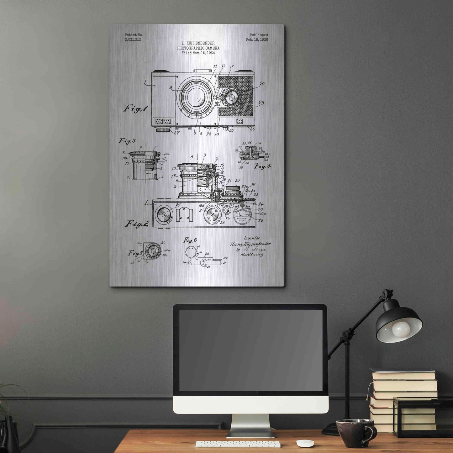 Luxe Metal Art 'Camera, 1936 Blueprint Patent White' Metal Wall Art,24x36