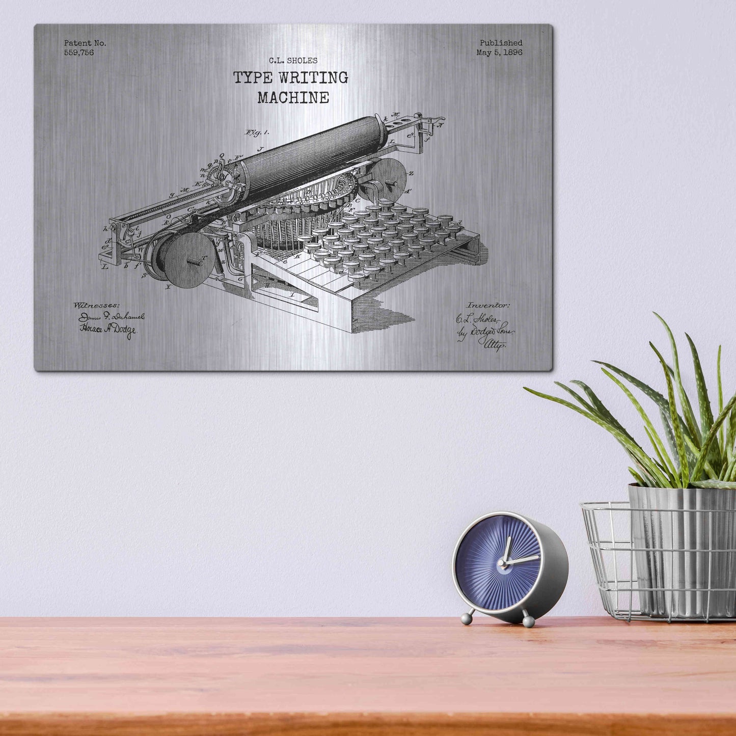 Luxe Metal Art 'Type Writing Machine Blueprint Patent White' Metal Wall Art,16x12