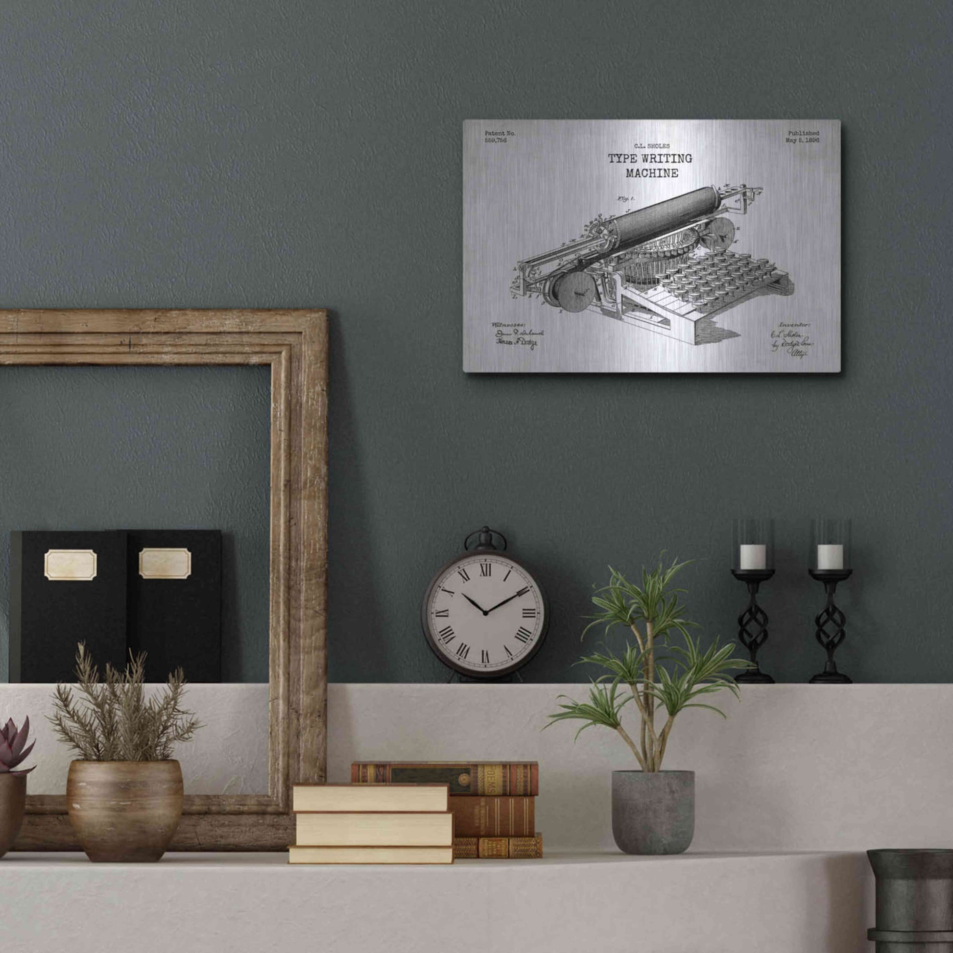 Luxe Metal Art 'Type Writing Machine Blueprint Patent White' Metal Wall Art,16x12