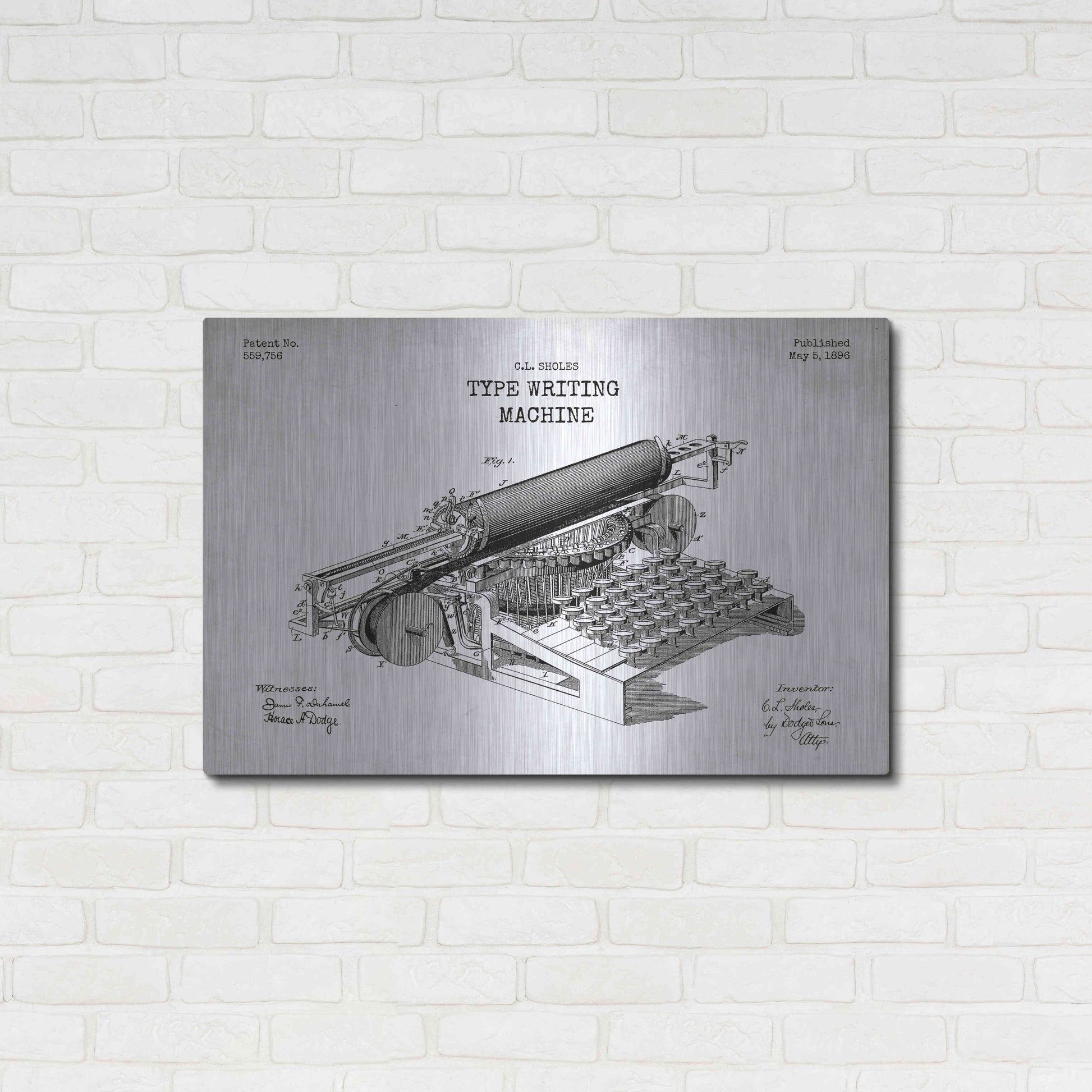 Luxe Metal Art 'Type Writing Machine Blueprint Patent White' Metal Wall Art,36x24