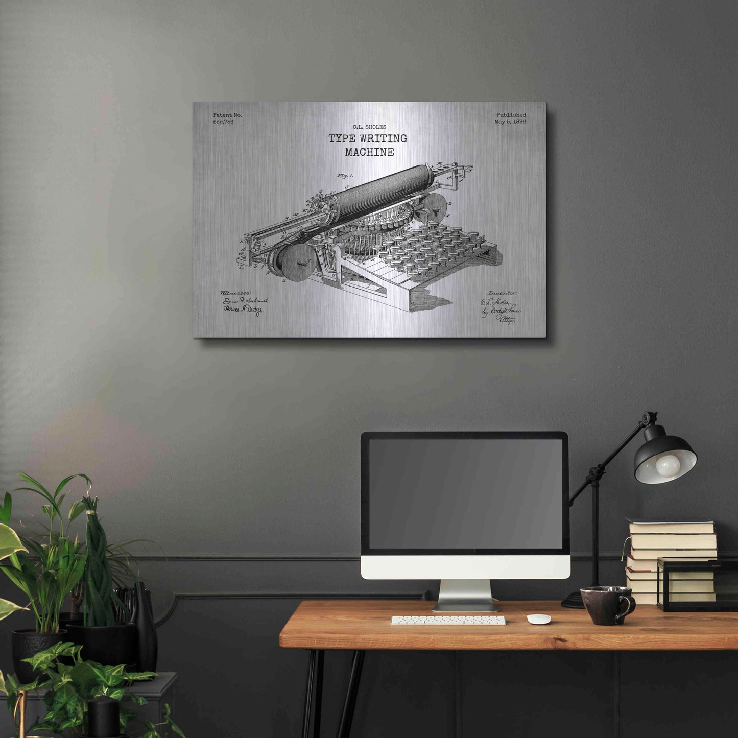 Luxe Metal Art 'Type Writing Machine Blueprint Patent White' Metal Wall Art,36x24