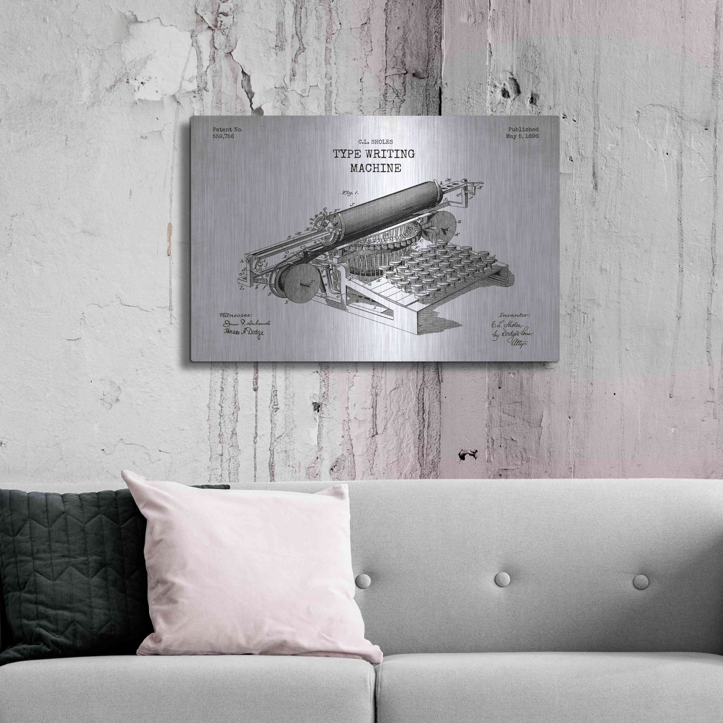 Luxe Metal Art 'Type Writing Machine Blueprint Patent White' Metal Wall Art,36x24