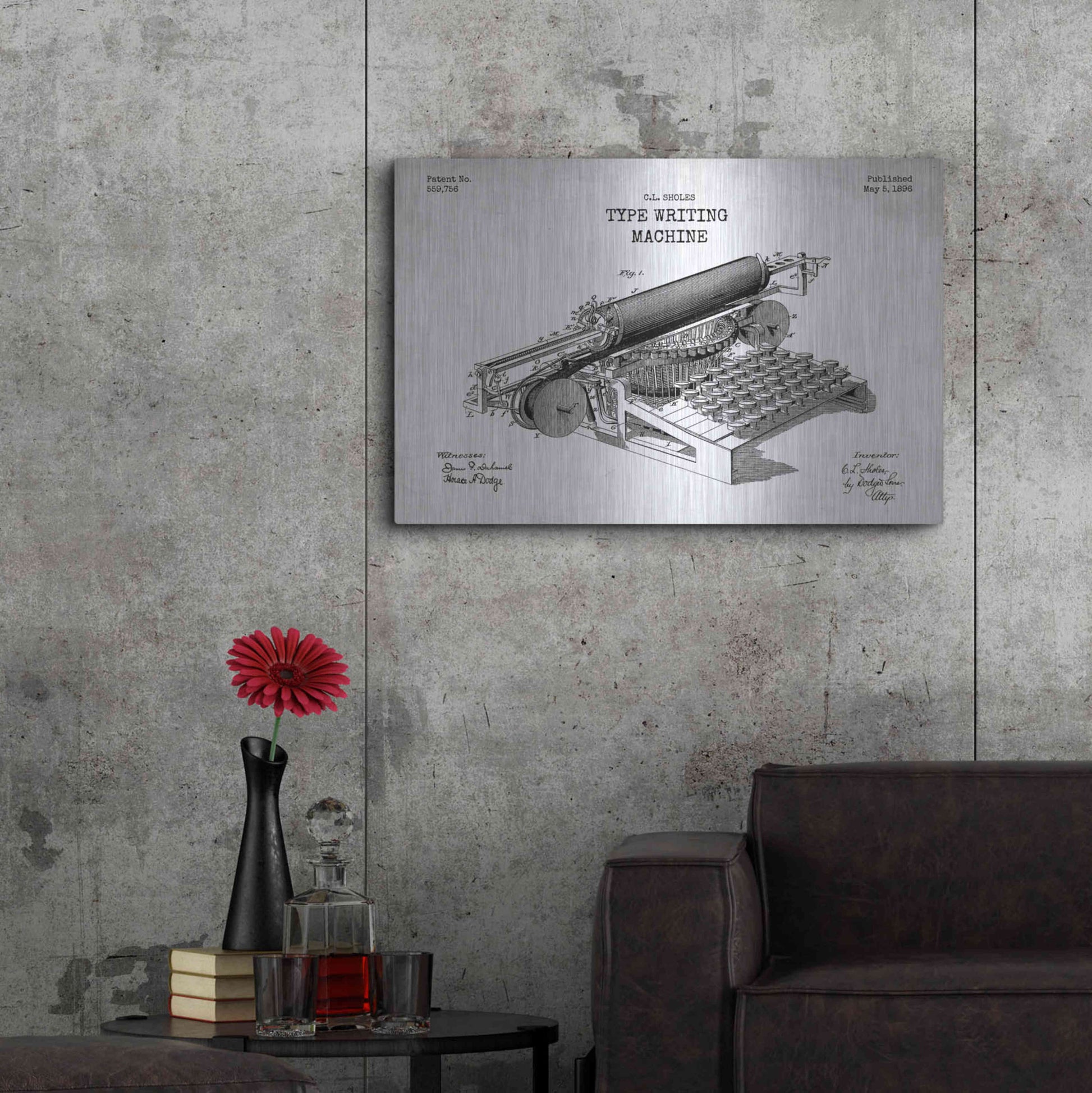 Luxe Metal Art 'Type Writing Machine Blueprint Patent White' Metal Wall Art,36x24