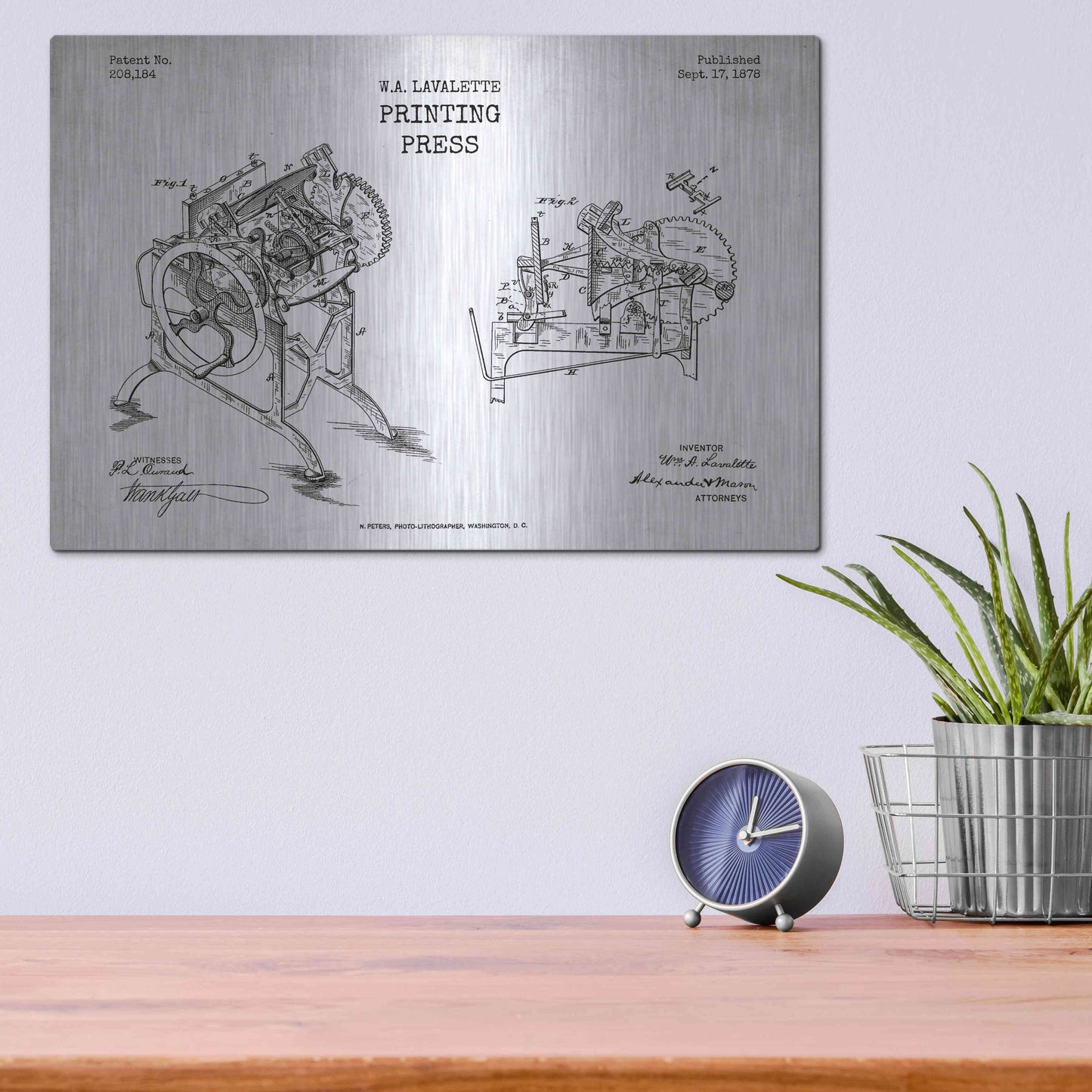 Luxe Metal Art 'Printing Press Blueprint Patent White' Metal Wall Art,16x12