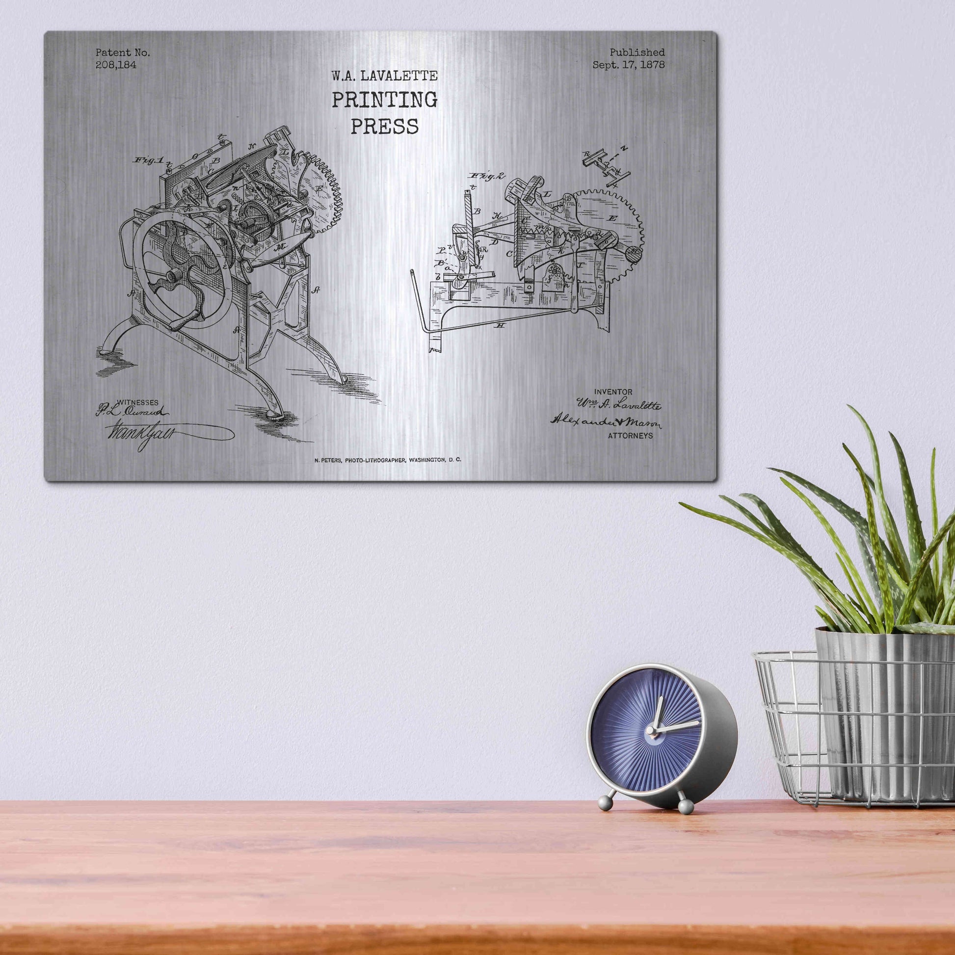 Luxe Metal Art 'Printing Press Blueprint Patent White' Metal Wall Art,16x12